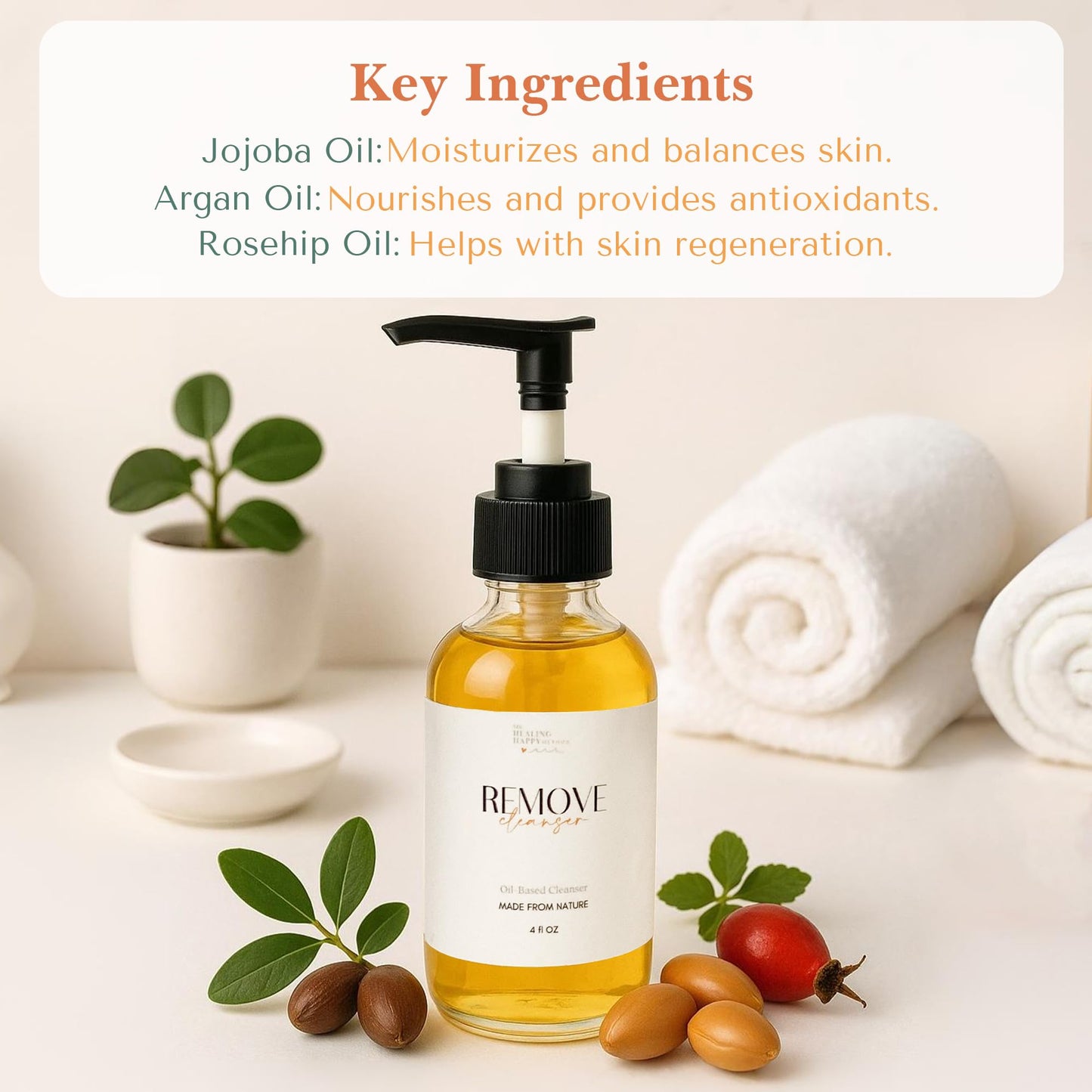 Healing Happy Remove Cleansing Oil & Makeup Remover - Natural Skin Care - Organic Jojoba, Argan & Rosehip Oils - 4 oz