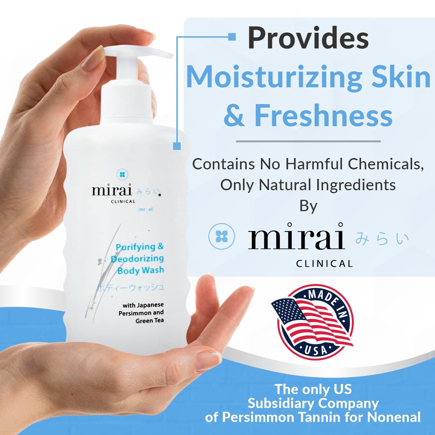 Mirai Clinical Body Odor Eliminator Bundle: Renewing Body Wash & Persimmon Soap Bar Set - Natural Deodorizing with Persimmon & Green Tea Extracts - Nonenal Elimination for Women & Men - 9.29 Fl oz Bod