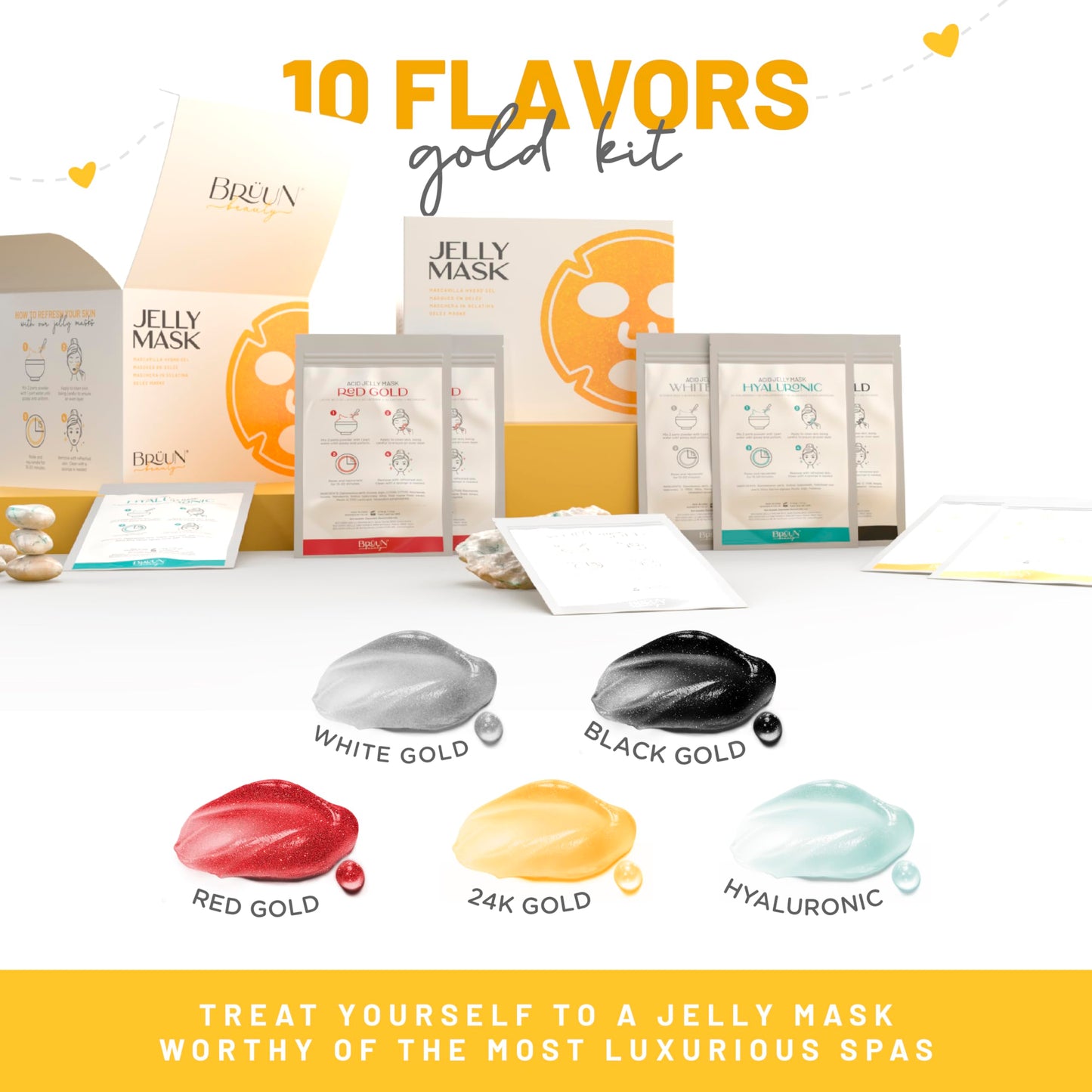 BRÜUN Peel-Off Jelly Mask Rubber Mask - 5 Treatments BHA AHA (Black Gold Salicylic AC, Red Gold Lactic AC, White Gold Glycolic AC, 24k Gold Mandelic AC, Hyaluronic AC) - 2 Packs of Each