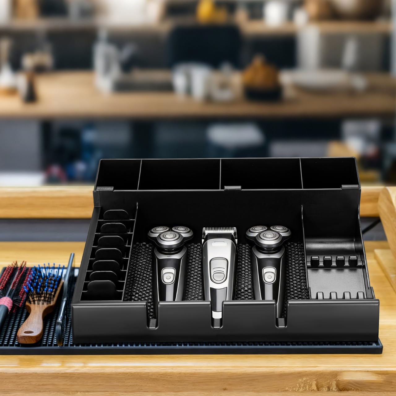Beatifufu Barber Clipper Tray Organizer 15X12X4.33In Salon Storage Box with Multiple Slots for Clippers Guards Combs Haircut Tools Keeper Portable Hair Clippers Holder