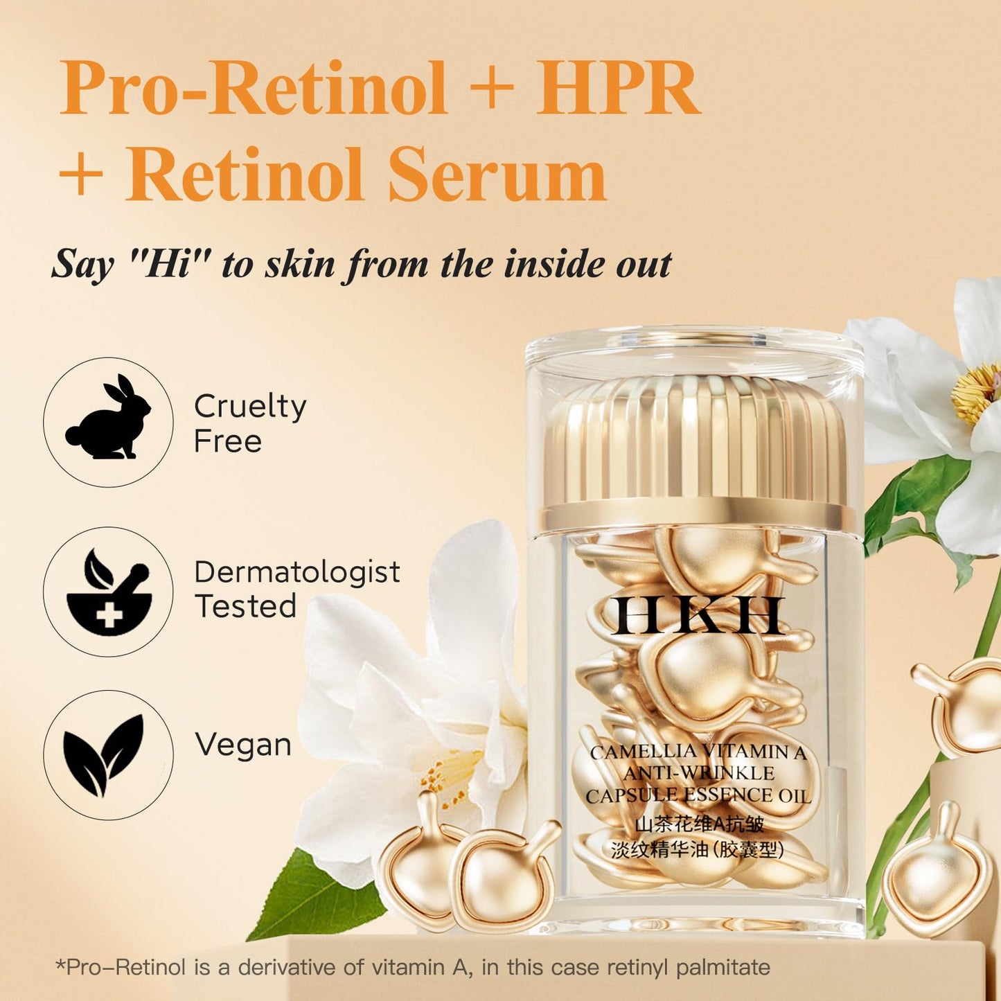 HKH Retinol + HPR Serum for Face - Anti-Aging Wrinkle Night Serum Capsules - Peptide Serum for Women - Skincare Fine Lines & Tighten Sagging Skin - Non-Greasy - Travel-Friendly