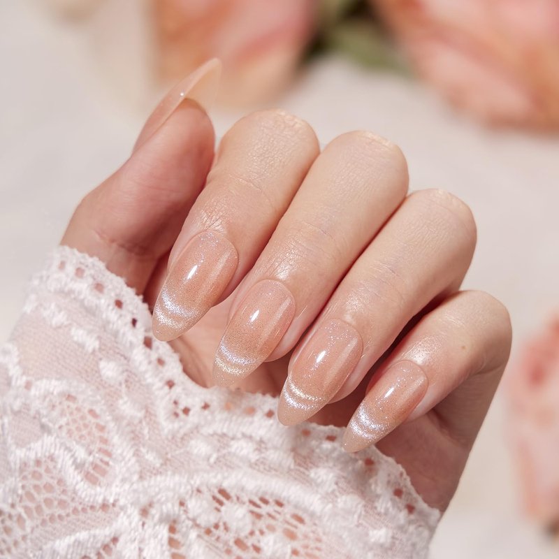 VSALON Almond Medium Press On Nails, Nude Radiant Cat Eye French Tip Sheer Finish Clean Look, Light-Curable 4-Weeks Wearing, Shimmer Nails Kit with Glues - 32 pcs in 16 Sizes