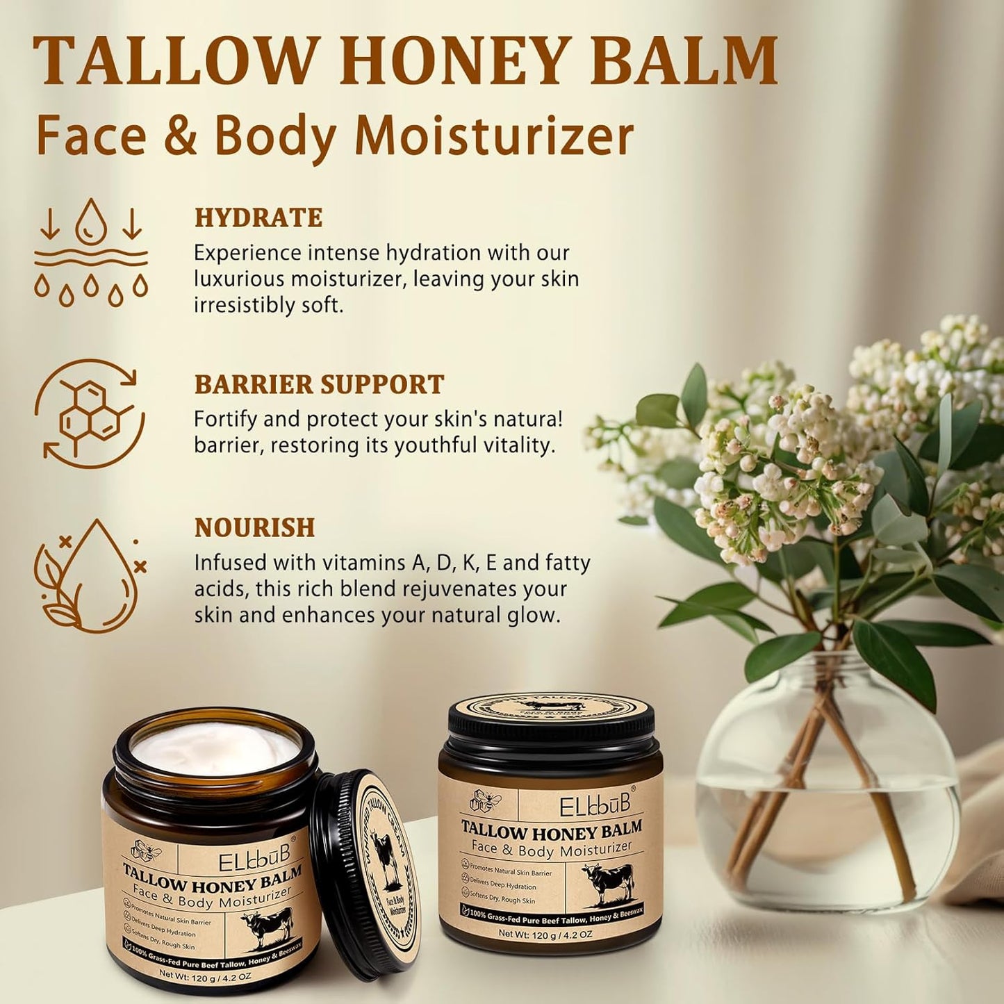 Whipped Tallow Cream for Face & Body - Grass-Fed Beef Tallow, Natural Honey & Beeswax Moisturizer | Deep Hydration, Oil-Free, Unscented