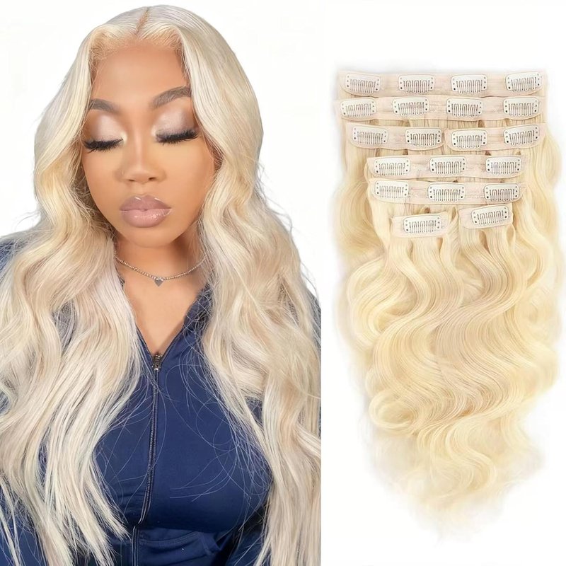 Blonde Clip-In Hair Extensions - 12 Inch Body Wave 613 | 8 Pcs, 110g Real Human Hair