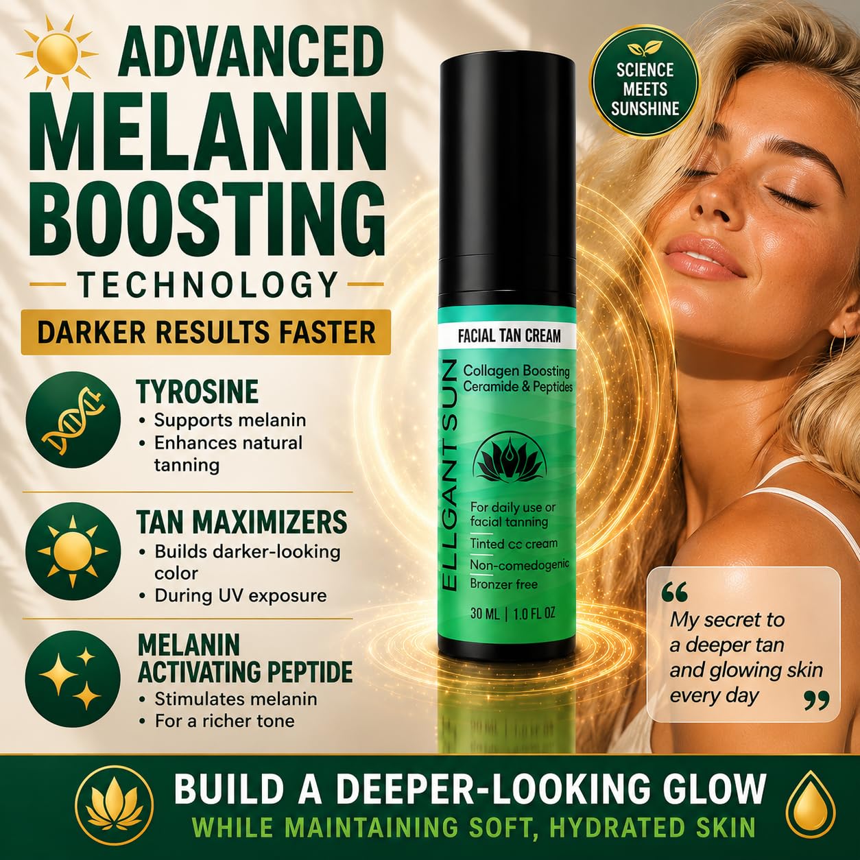 Flawless Glow Collagen-Boosting Facial Tan Cream – Peptide CC Serum with Copper Peptides GHK-Cu, Ceramides & Hyaluronic Acid – Bronzer-Free, No DHA, Hydrating Anti-Aging Daily Moisturizer (1 fl oz)