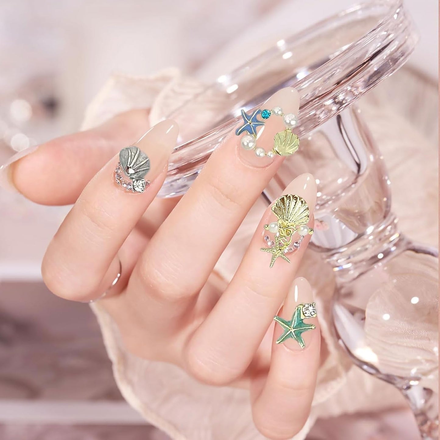 3D Summer Beach Nail Charms - 32PCS Ocean Theme Rhinestones & Shells for DIY Manicure Decor | Perfect for Nail Art Designs