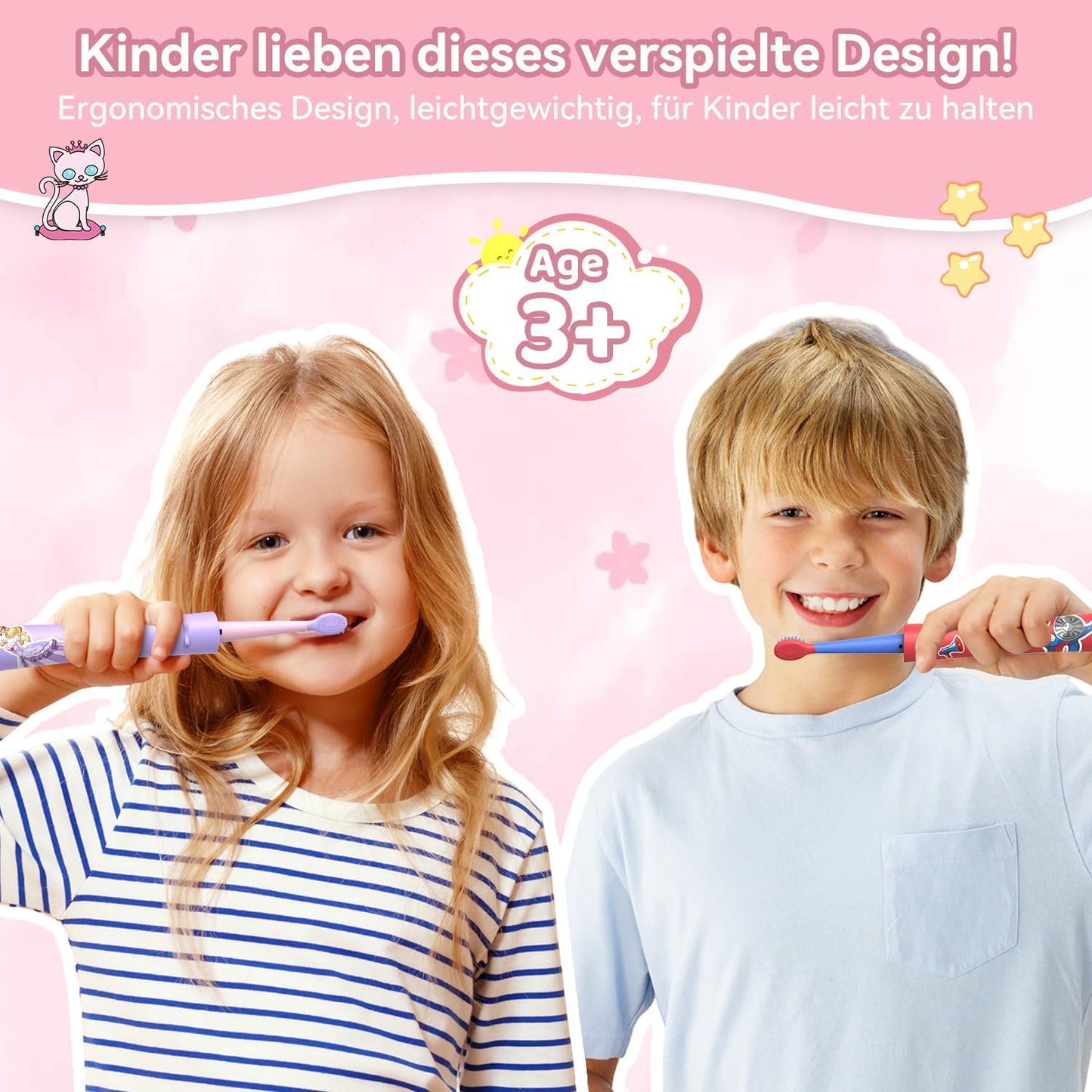 Rechargeable Electric Toothbrush for Kids | 5 Gentle Modes, Safe for Sensitive Teeth - Includes Fun DIY Stickers & 4 Soft Brush Heads