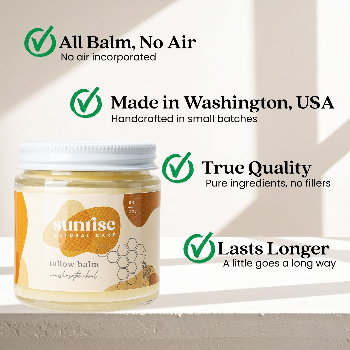Sunrise Natural Care Unwhipped Honey and Tallow Balm - Body and Face Moisturizer - 100% Grass Fed Beef Tallow - 4 ounces - Frankincense