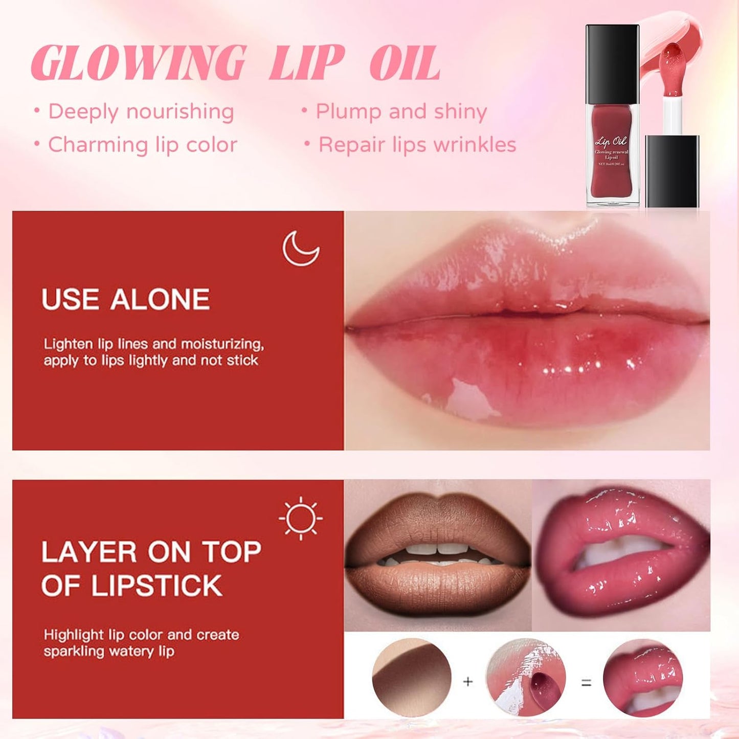 Nourishing Glowing Lip Oil & Ombre Lip Liner Set - Moisturizing Rose Pink Lip Tint Crayon Combo for Women