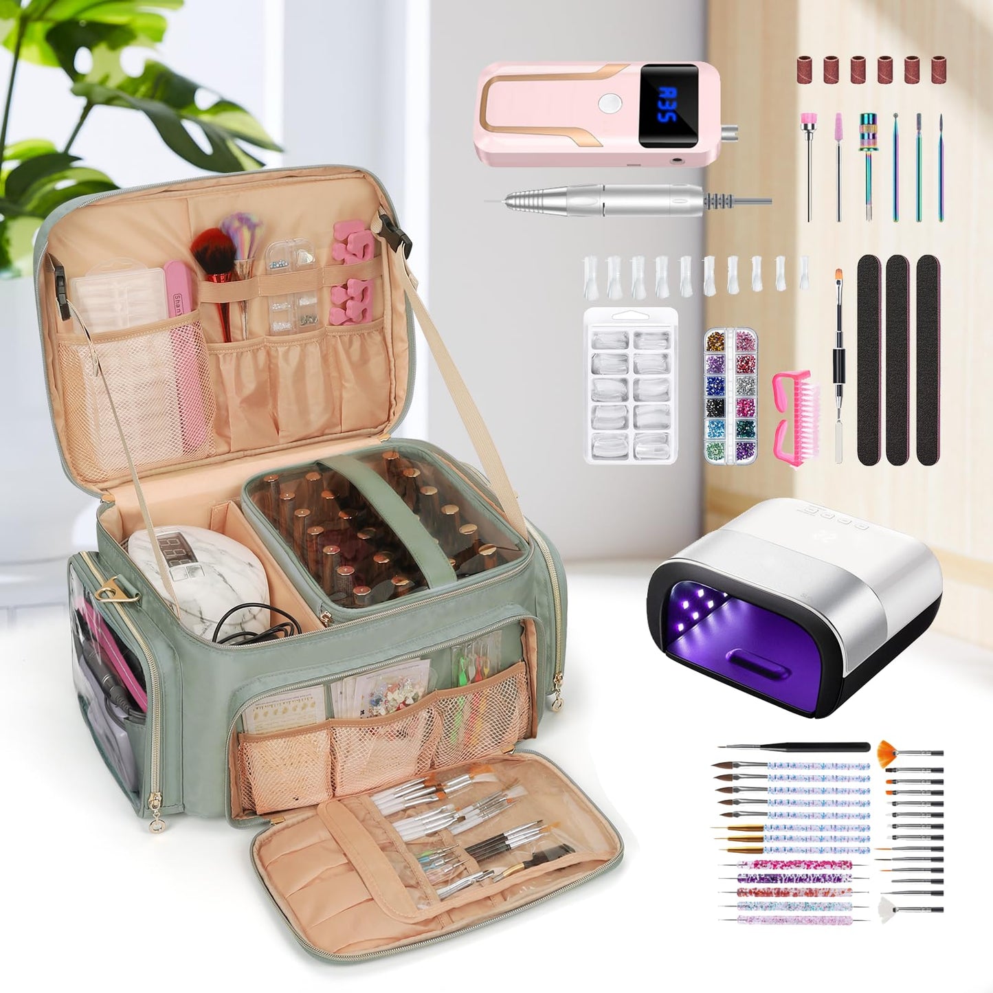 Bagmoly Nail Polish Organizer, Nail Polish Storage Holds 50-70 Bottles & Nail Lamp, Portable Travel Nail Kit Storage Carrying Case Fits Nail Suppiles, Gift for Manicurist, Grils (Green)