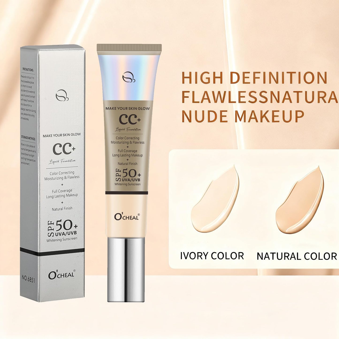 O'CHEAL Full Coverage CC Cream Foundation for Women with SPF 50+ (Nature)
