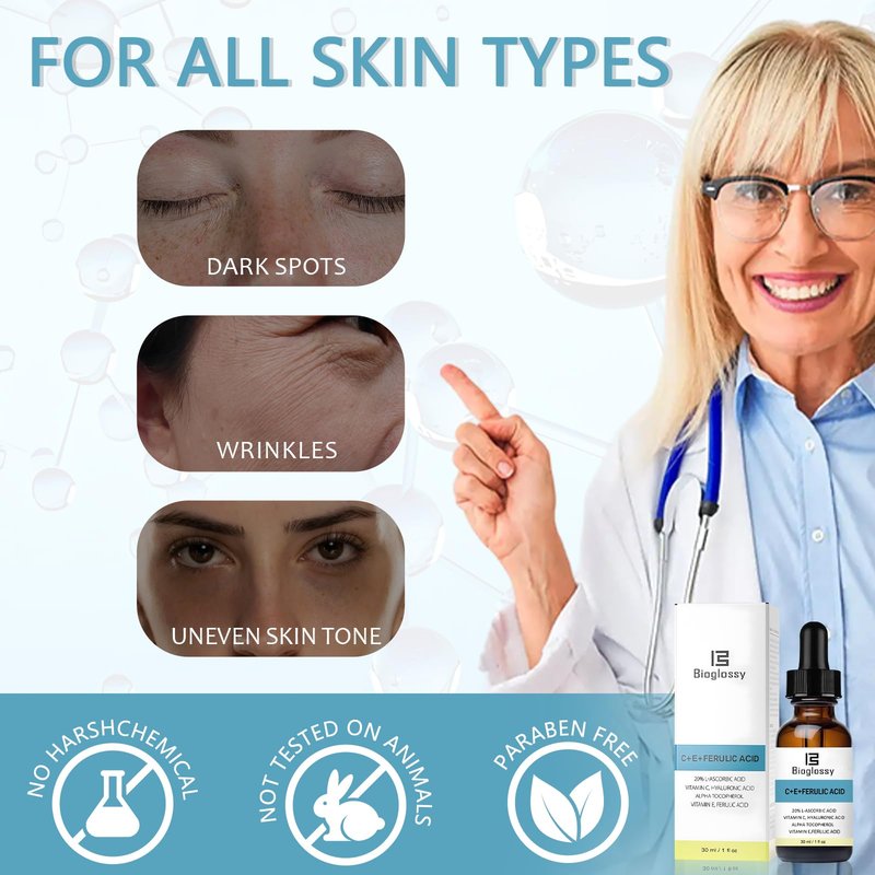Bioglossy Vitamin CE Ferulic Acid Serum 20% Vitamin C Serum + Vitamin E & Hyaluronic Acid - Skin Moisturizer Face Dark Spot Corrector and Anti Aging 30ml / 1 fl.oz