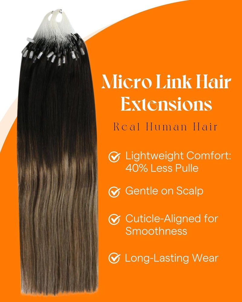 Microlink Remy Human Hair Extensions - 18 Inch Black Balayage Brown Ombre Blonde | Natural Fullness for Weddings & Events, 50g