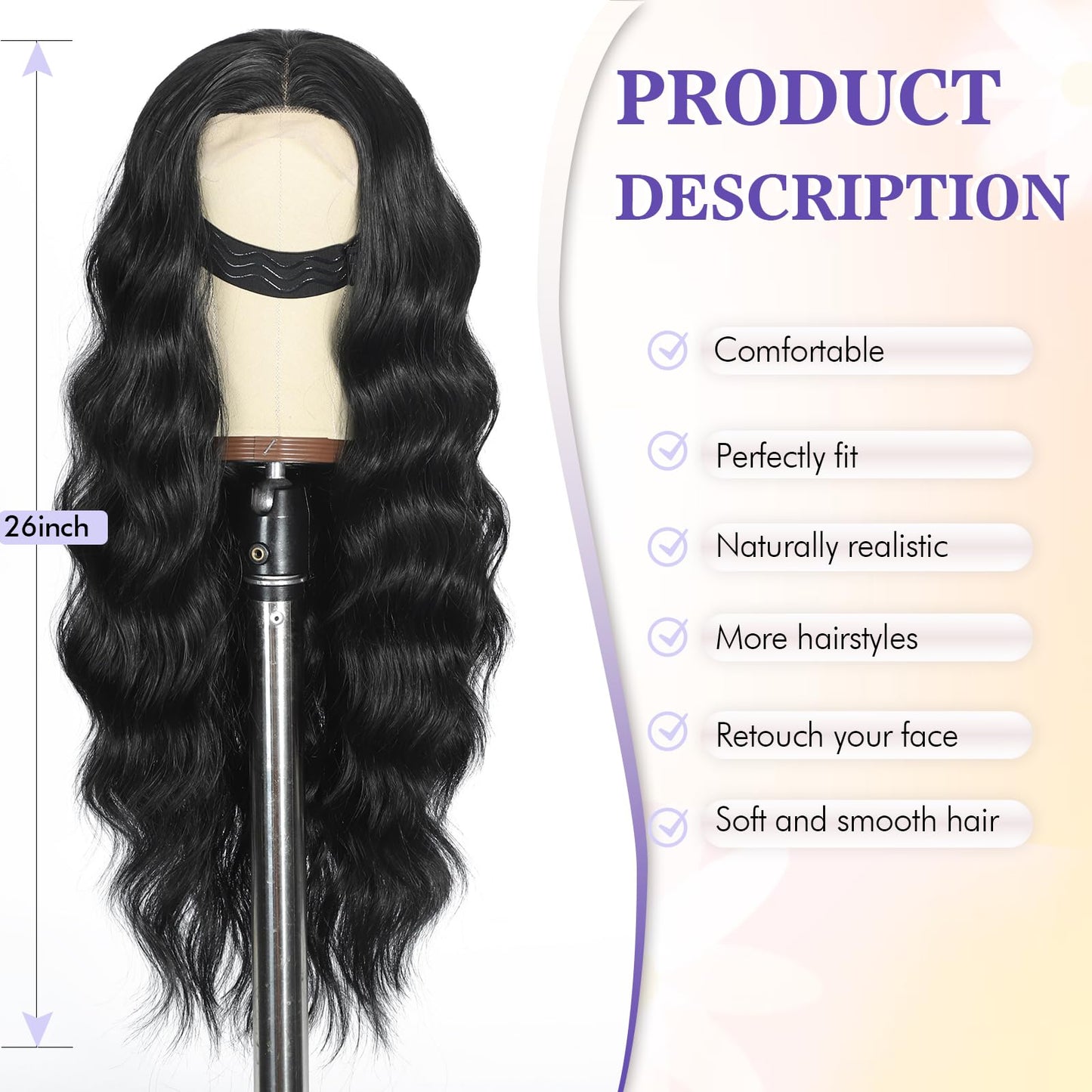 SCENTW Black Wig for Women Hand-Tied Lace Synthetic Lace Front Wig Long Wavy with 4x1 Lace Natural Hairline Middle Part Synthetic wig for Daily Party Beginners