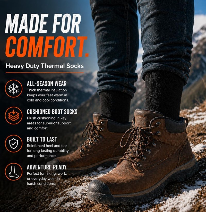 Men's Thermal Boot Socks - Cushioned Heavy Duty Warm Hiking Socks | 3 Pairs