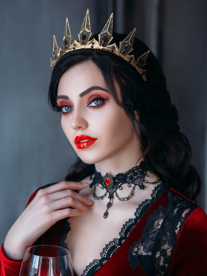 SWEETV Gothic Crowns for Women Black Tiara Queen Crown Witch Hair Accessories for Costume Halloween Prom Party, Gold