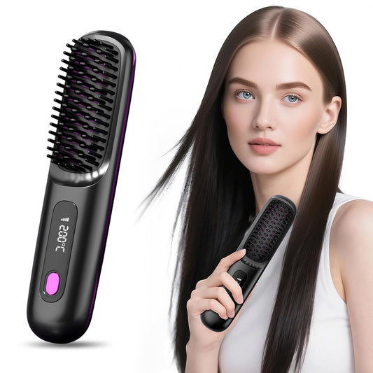 Lovinity Hair Straightener Brush with LCD Display(MCH Ceramic Fast Heating)(Cordless USB Charging Straightener) Portable Mini Straightening Brush for Home Travel, Black