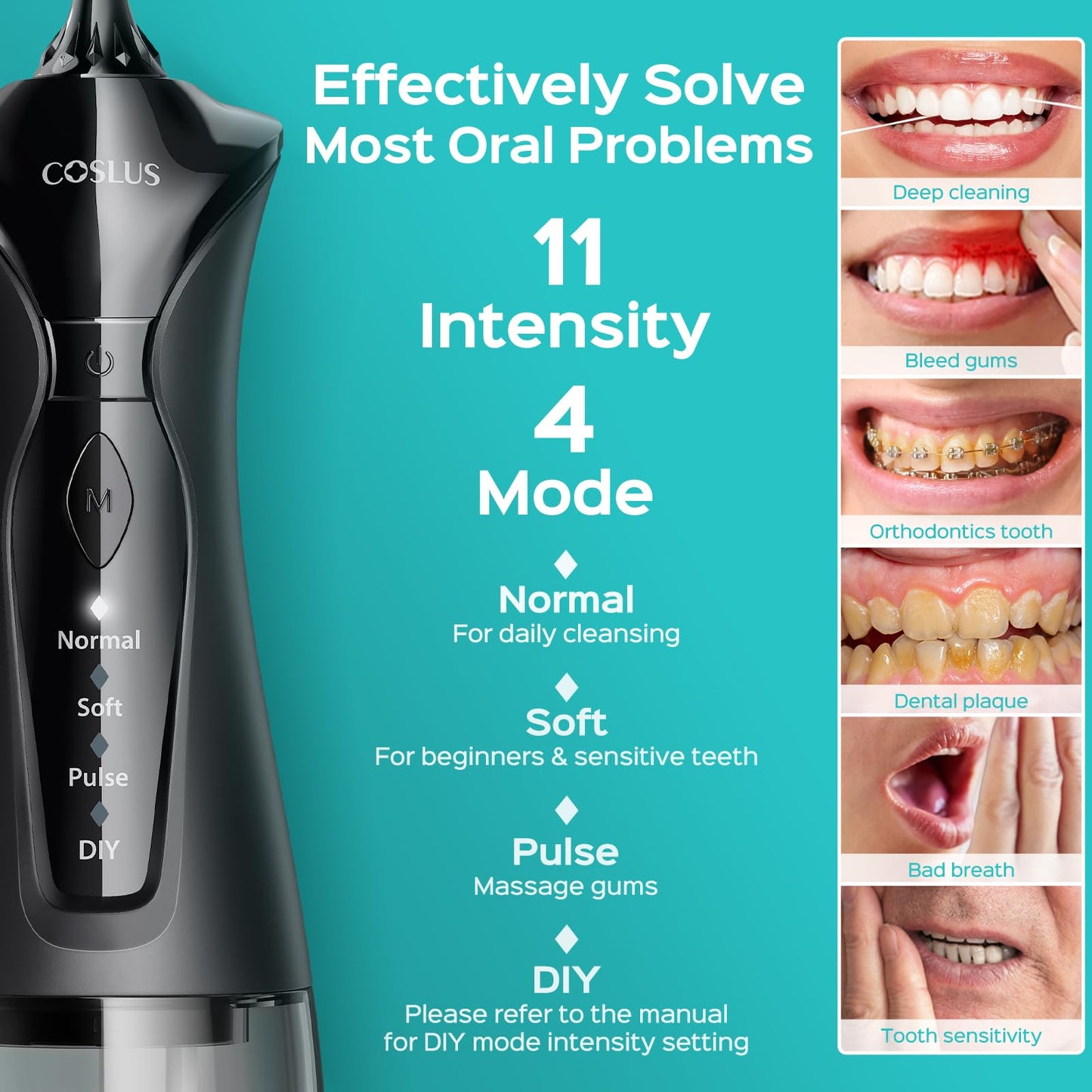 COSLUS C30 Water Dental Flosser Pick for Teeth: 4 Modes Cordless Portable 300ML Larger Tank Water Teeth Cleaner IPX7 Flossing Cleaning Picks for Home Travel Black Green 2pcs Portable Set