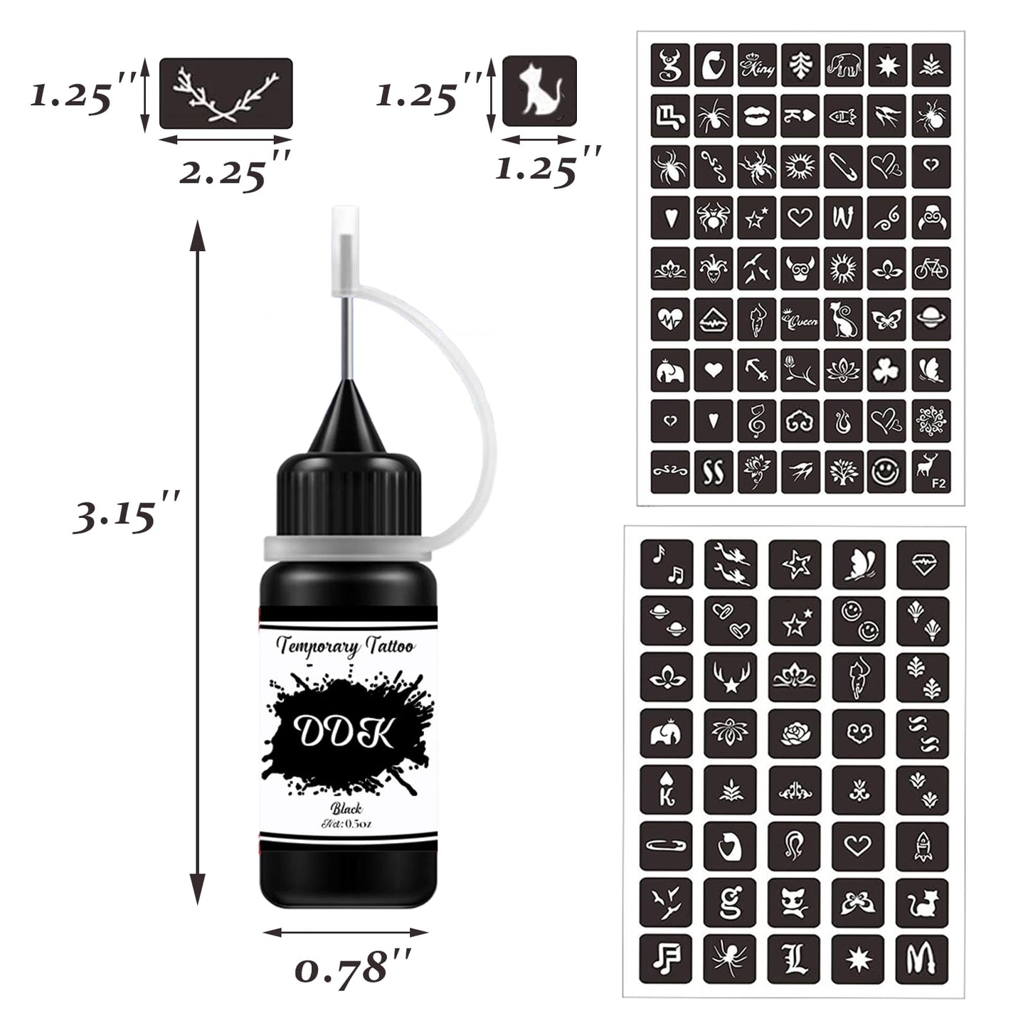 Temporary Tattoo Kit with 6 Bottles Semi Permanent Ink DIY Fake Freckles and 64 Patterns Adhensive Stencils for Women Men, Black/Brown