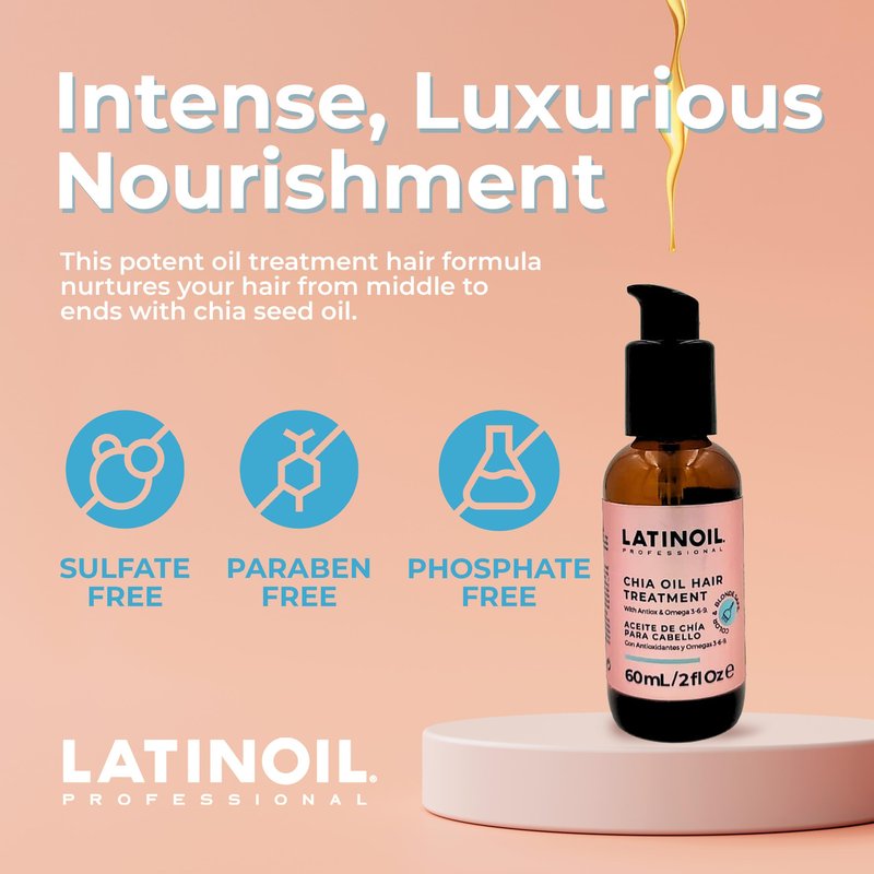 LATINOIL Chia Oil Treatment 2 oz / 60 ml - Instant Repair For Damaged Hair - Eliminates Frizz, Dryness - Adds Silkiness - Absorbs Fully & Quickly - Color Safe - Read our REAL Reviews