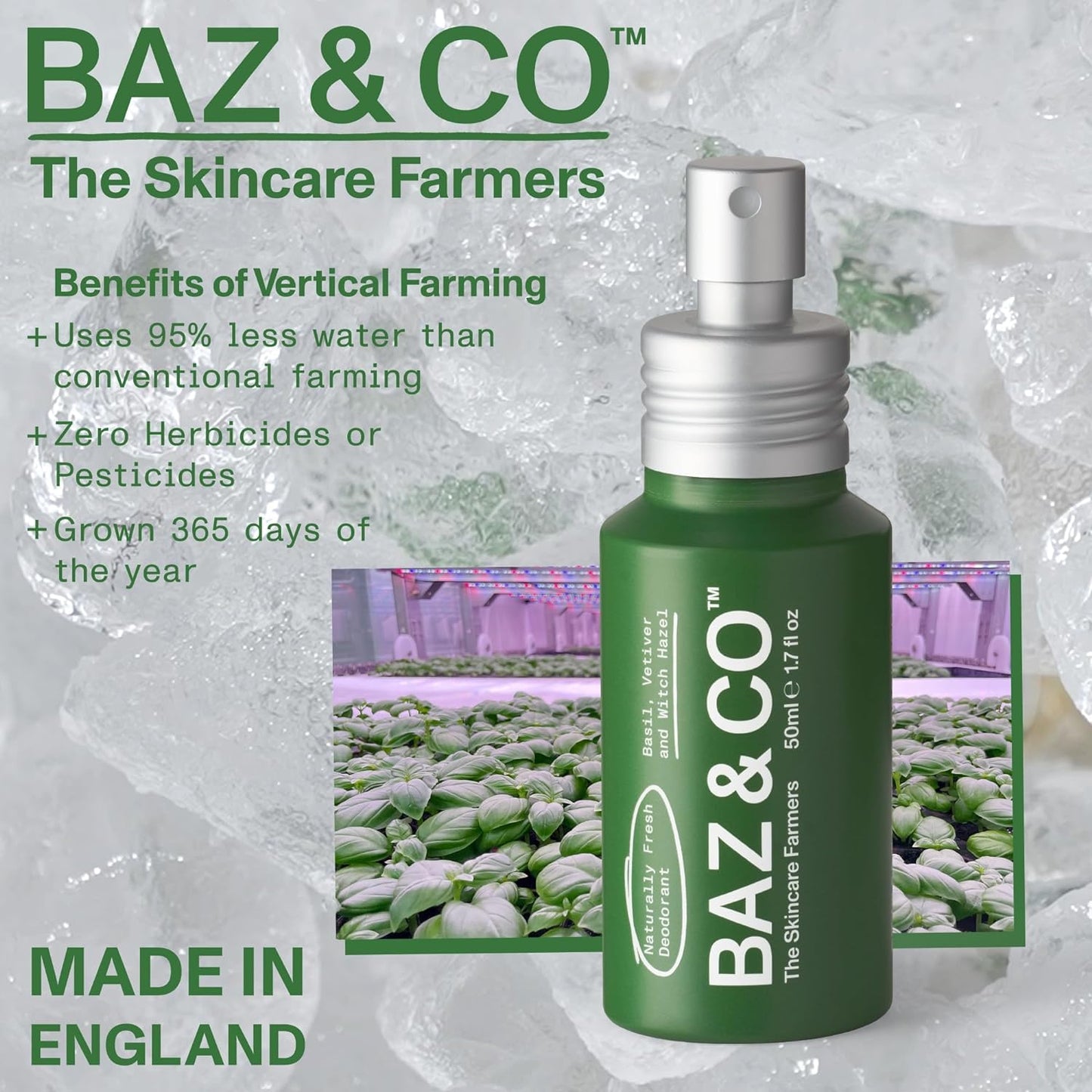 BAZ & CO Naturally Fresh Travel Size Deodorant Body Spray for Men | Aluminium Free Deodorant | Basil, Vetiver & Witch Hazel | 50ml