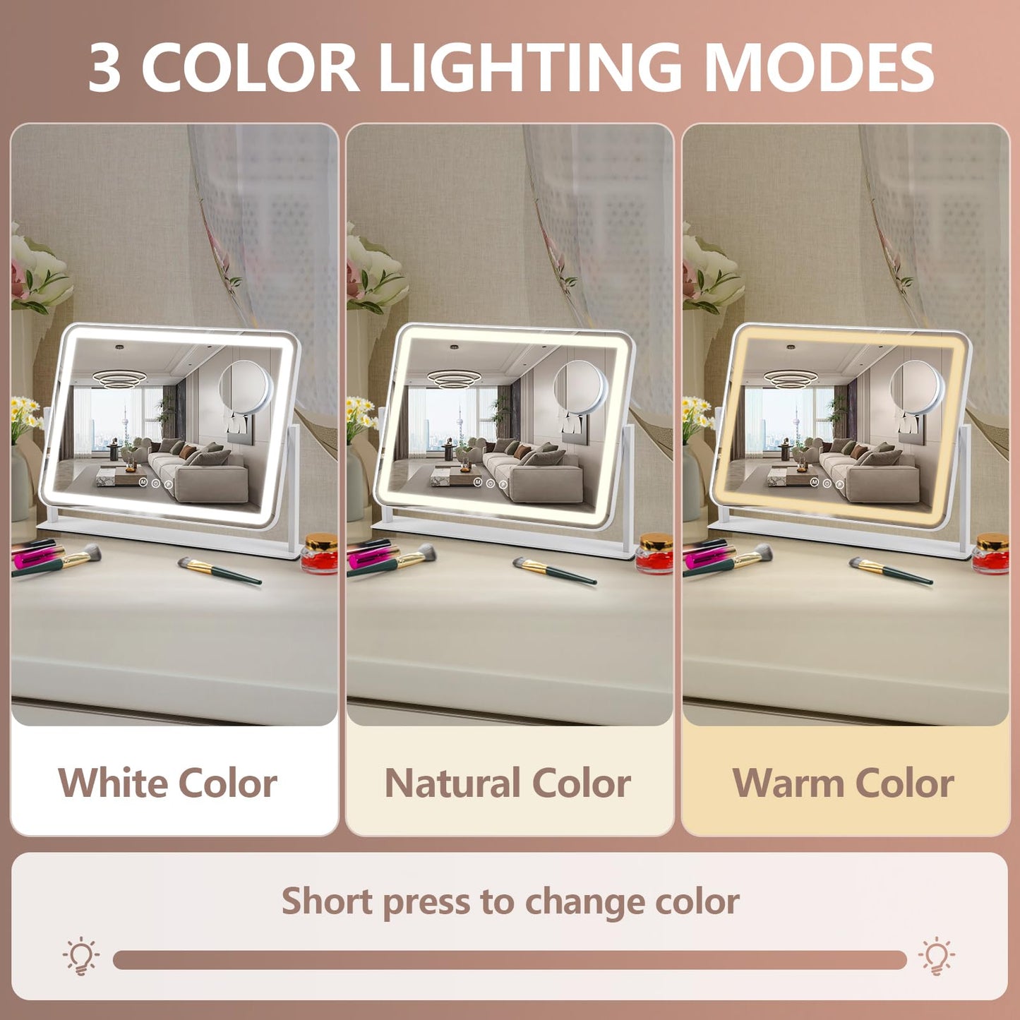 ViKert Vanity Mirror with Lights, 5X Magnification Spot Mirror, Makeup Mirror with Dimmable 3 Color Lighting, 17.3"L x 14.2"W