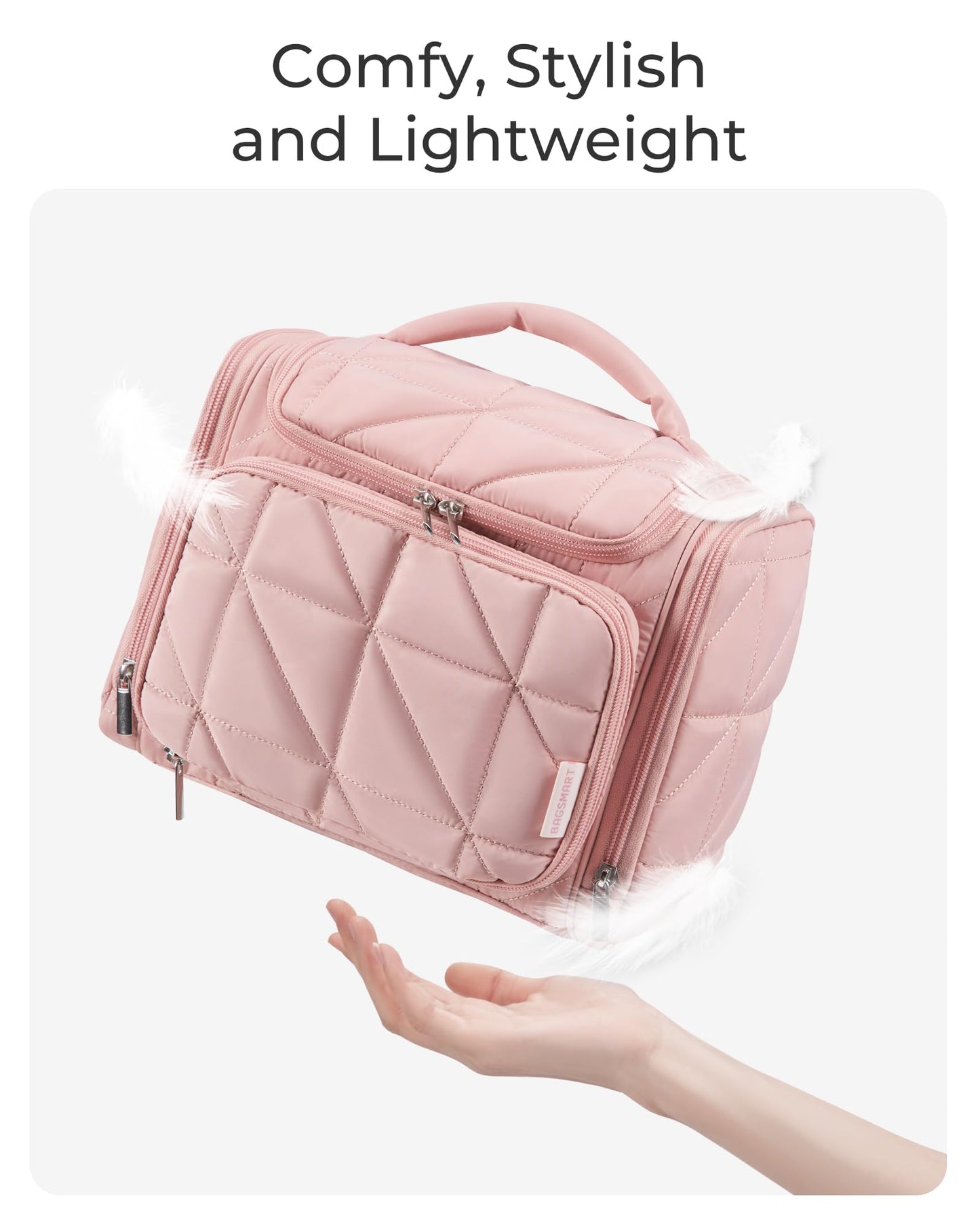 BAGSMART Toiletry Bag Travel Bag with Hanging Hook, Water-resistant Lightweight Puffy Makeup Bag Large Wide-open Travel Bag for Women Travel Organizer for Accessories, Cosmetics, Toiletries, Nude Pink