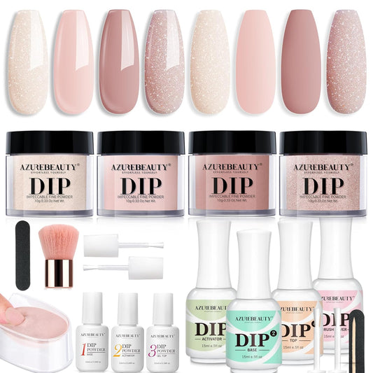 Azurebeauty Dip Powder Nail Kit - 4 Colors & 4 Dip Powder Liquids | 15ml for DIY French Nail Art