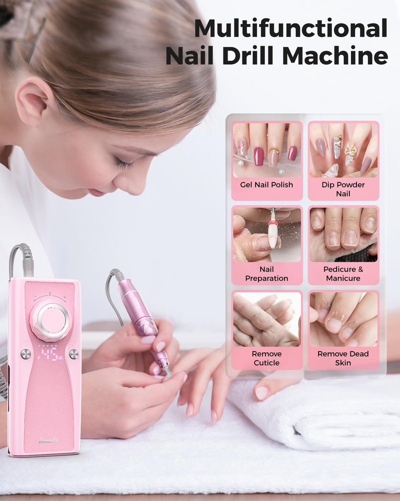 Electric Nail Drill Professional Kit: 45,000 RPM USB Rechargeable Efile Nail Drill Nail File with 12 Bits for Polishing Gel/Acrylic Nails- Portable Manicure Tool Set for Salon/Home-Pink