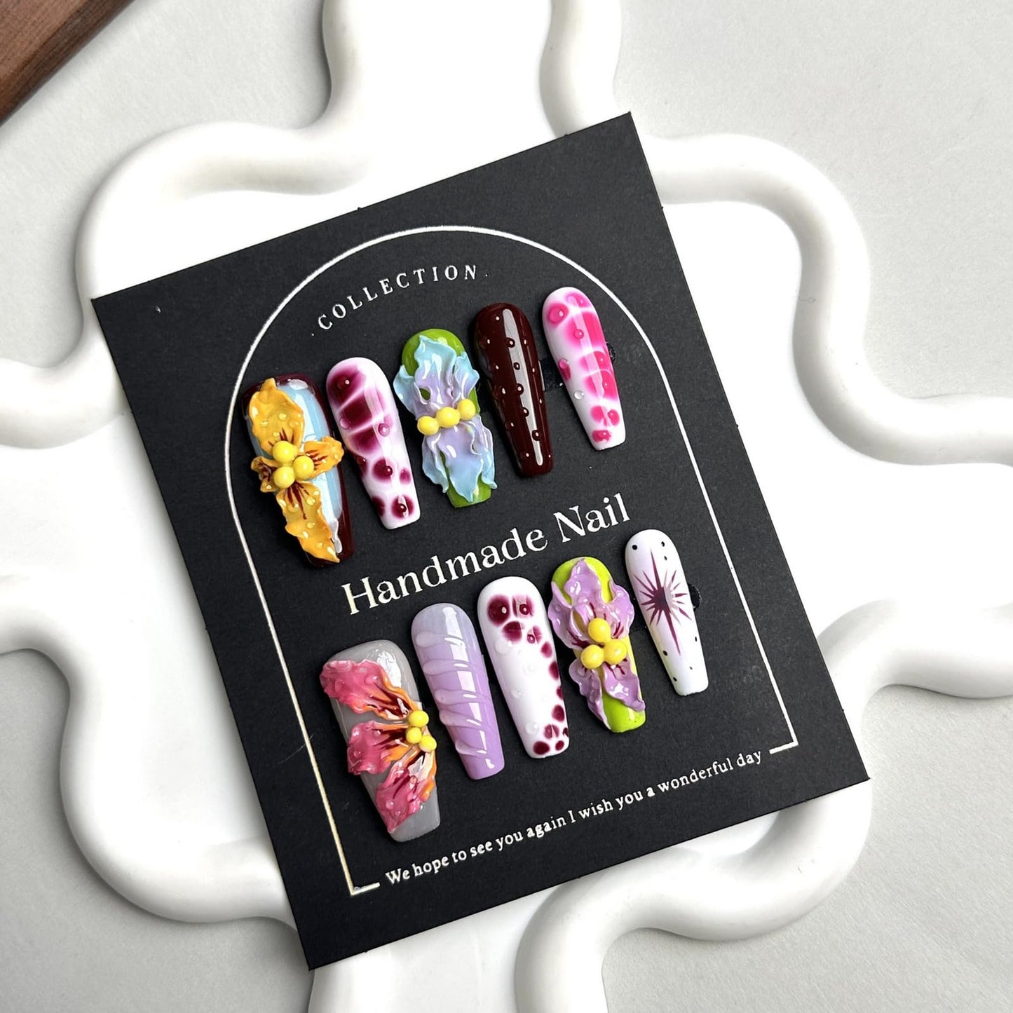 10Pcs Handmade Floral Press on Nails Long Thick Fake Nails Coffin False Nails with 3D Flowe Design Muti-Layer Gel Acrylic Nails Press ons Summer Fall Nail Reusable Stick on Nail for Women (S)