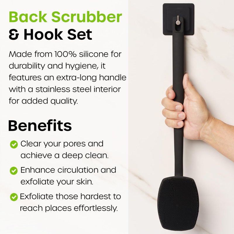 The Man Silicone Back Scrubber for Men - 18.5" Long Handle Shower Brush for Back & Body - Exfoliating Body Scrubber - Quick-Dry Hygienic Silicone with Hook