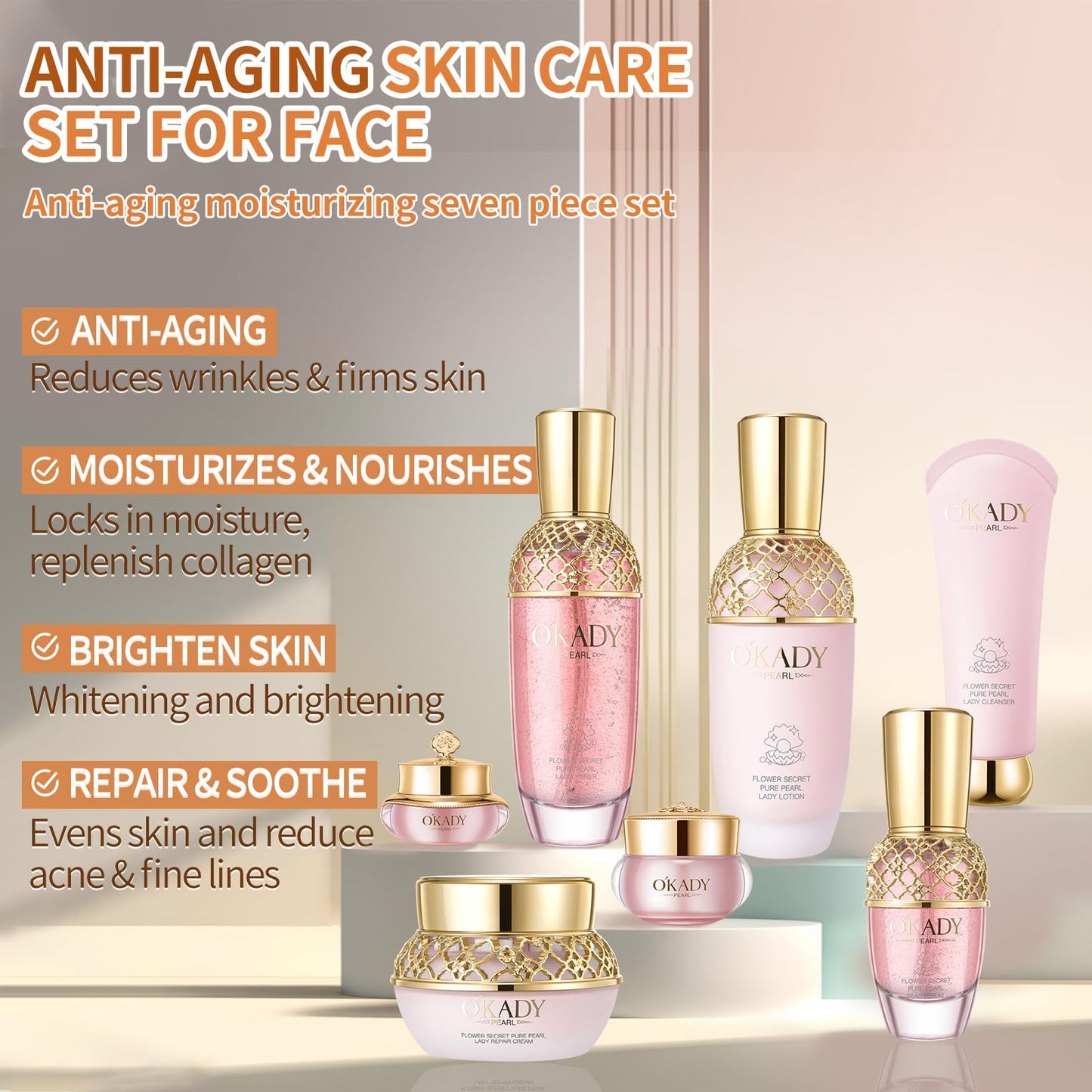 Luxury 7-in-1 Anti-Aging Skin Care Set for Women – Cleanser, Toner, Serum, Eye Cream & Lotion – Hydrating, Firming & Youthful Glow – Perfect Birthday, Mother’s Day & Valentine’s Gift