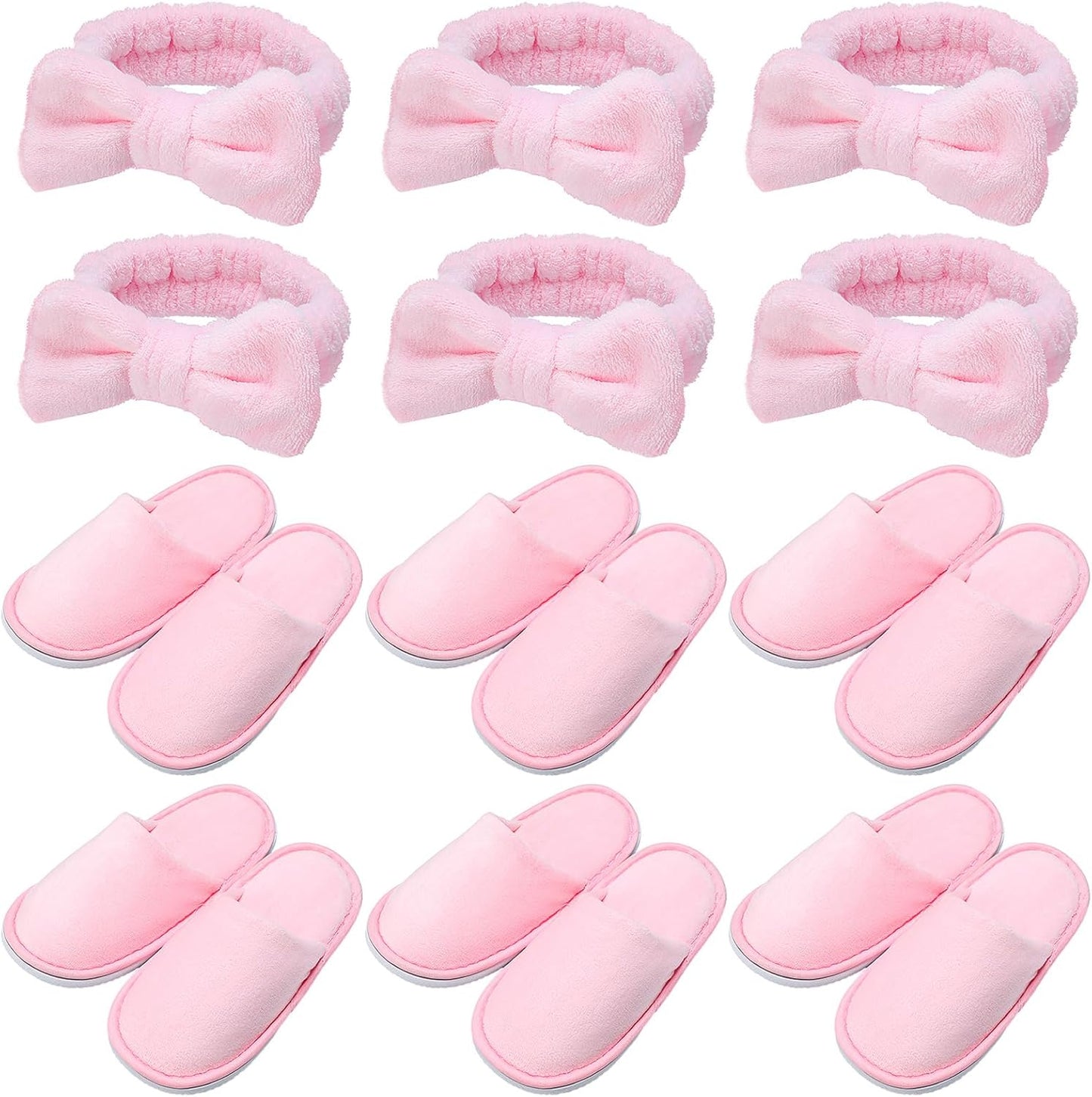 Girls Spa Party Supplies - 12 Pcs Kids Sleepover Set with Disposable Slippers & Bow Headbands | Perfect for Birthday Favors