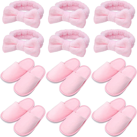 Girls Spa Party Supplies - 12 Pcs Kids Sleepover Set with Disposable Slippers & Bow Headbands | Perfect for Birthday Favors