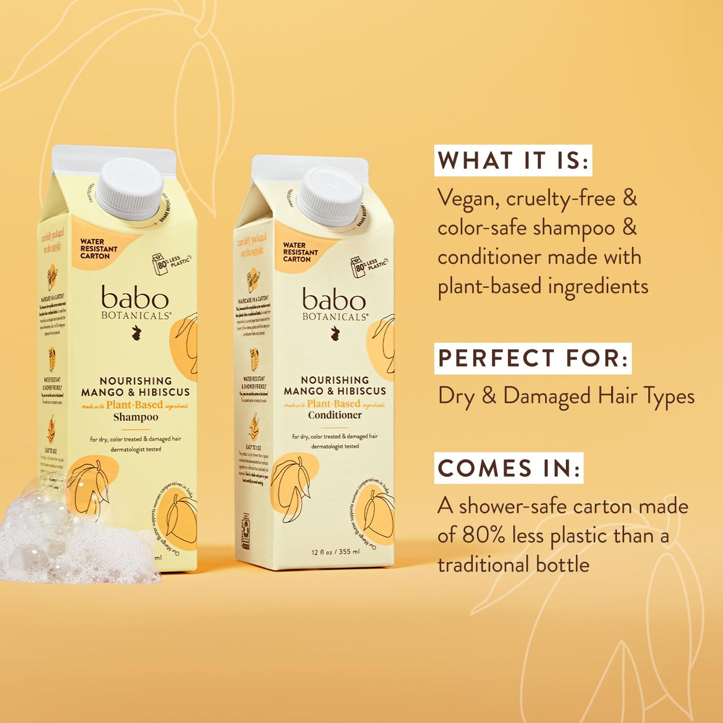Babo Botanicals Nourishing Mango & Hibiscus Shampoo & Conditioner - For Dry, Damaged, Color-Treated Hair – Moisturize & Soften – Water-Resistant Carton 80% Less Plastic – Vegan – Silicone Free