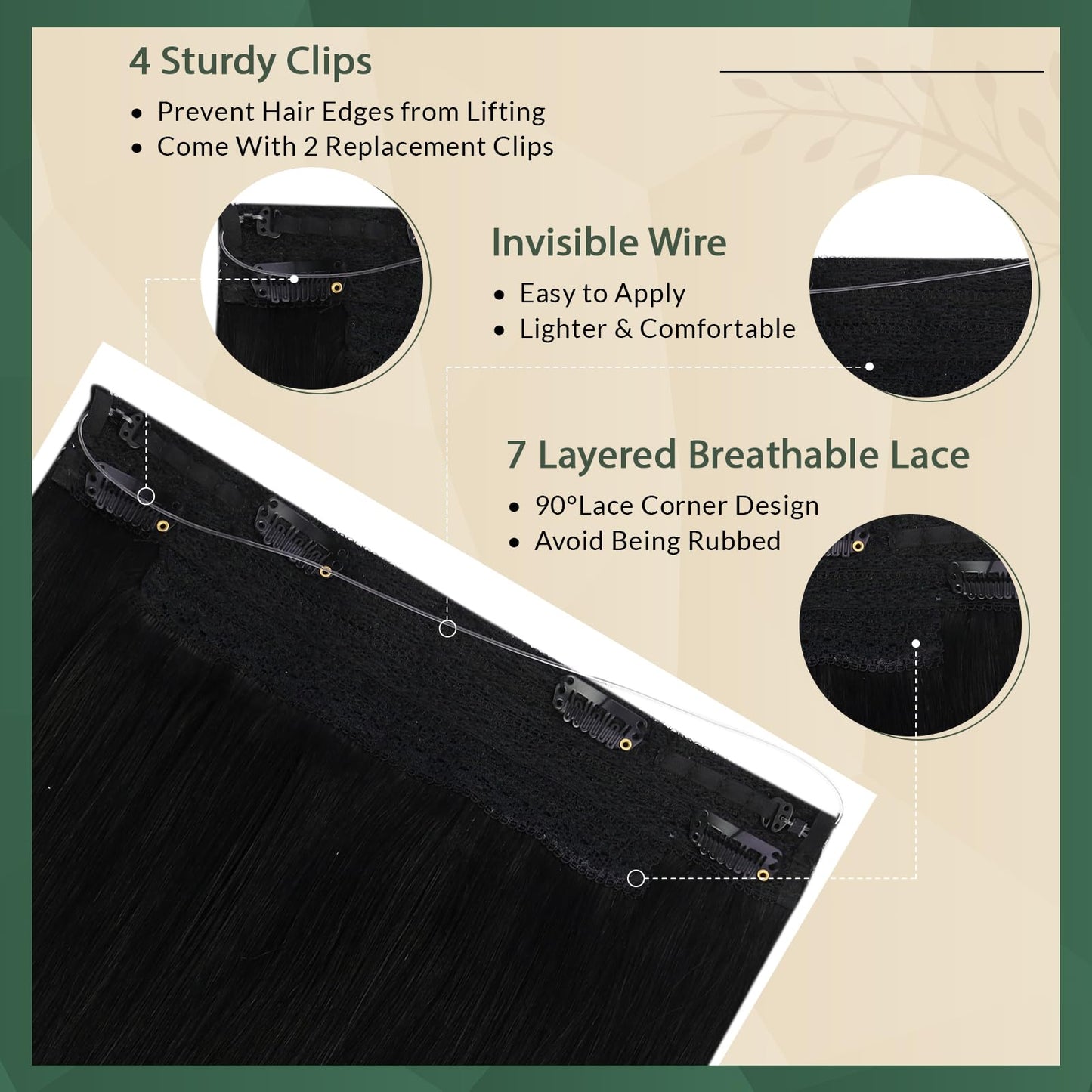Ugeat Wire Hair Extensions Black Invisible Wire Hair Extensions Jet Black Wires Hair Extension Human Hair Ease Of Application 16 Inch 80g