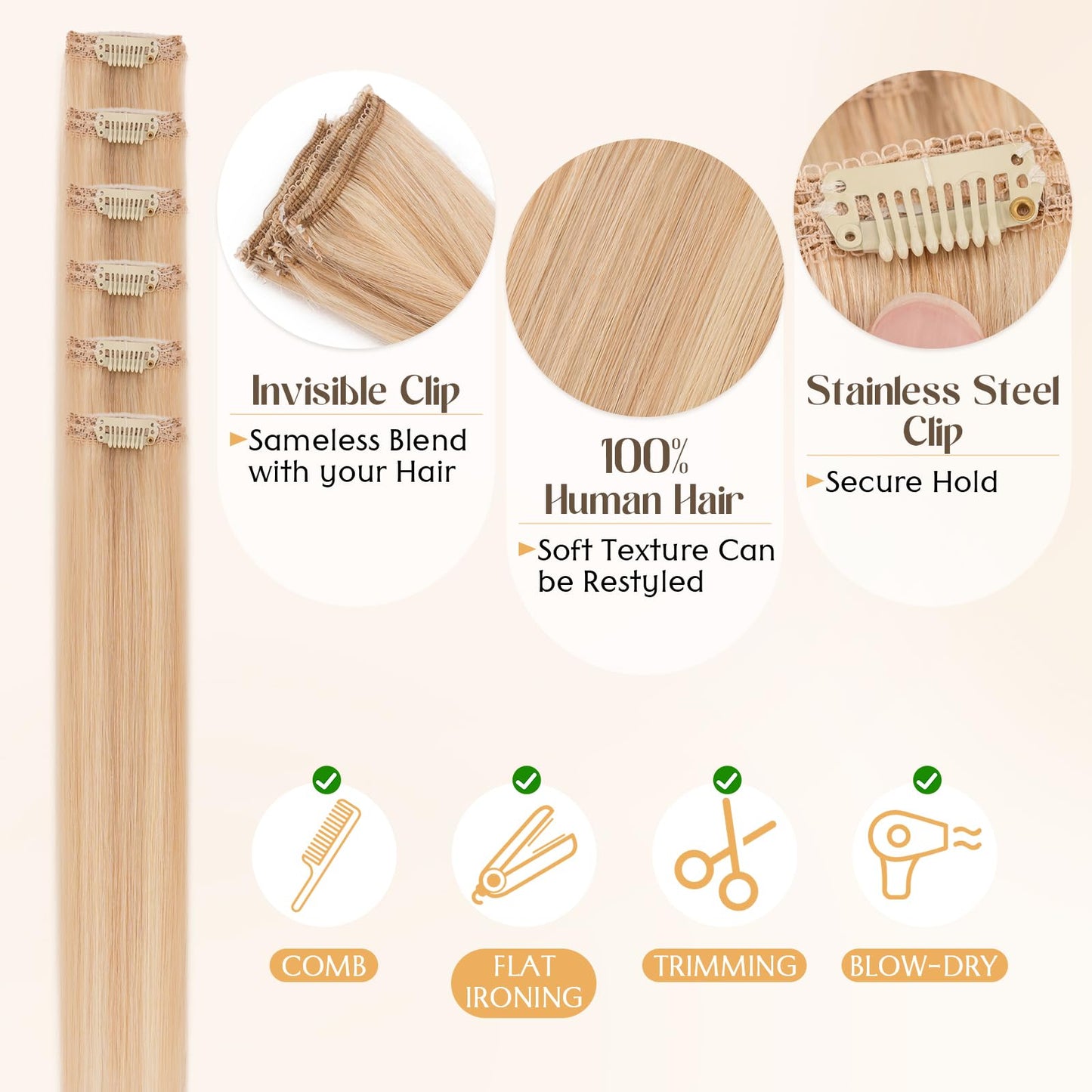 S-noilite 6Pcs Clip in Human Hair Extensions,Remy Single Clip in Hair Extensions 6Pcs 6clips Straight Ash Blonde/Bleach Blonde Seamless Hairpieces for Women 18Inch 44g