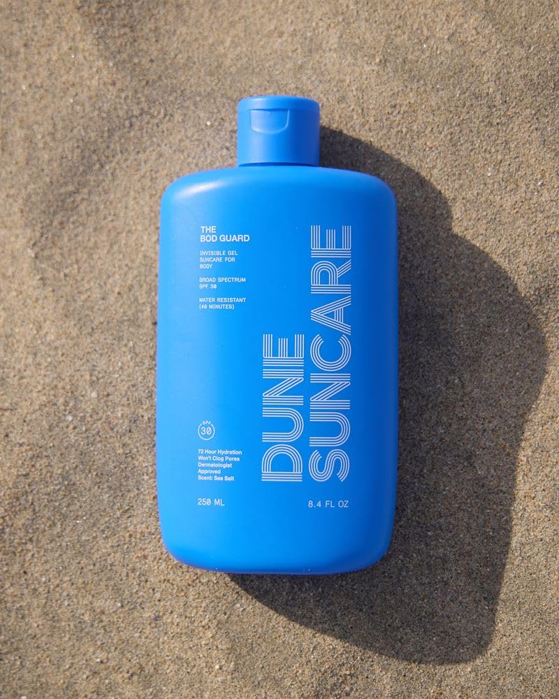 DUNE The Bod Guard Invisible Gel Body Sunscreen SPF 30, Broad Spectrum Sun Block, Clear No White Cast Sunscreen, 72 Hour Hydration, Water Resistant, Reef Friendly, Non-Greasy Body Sunscreen, 8.4 Fl Oz