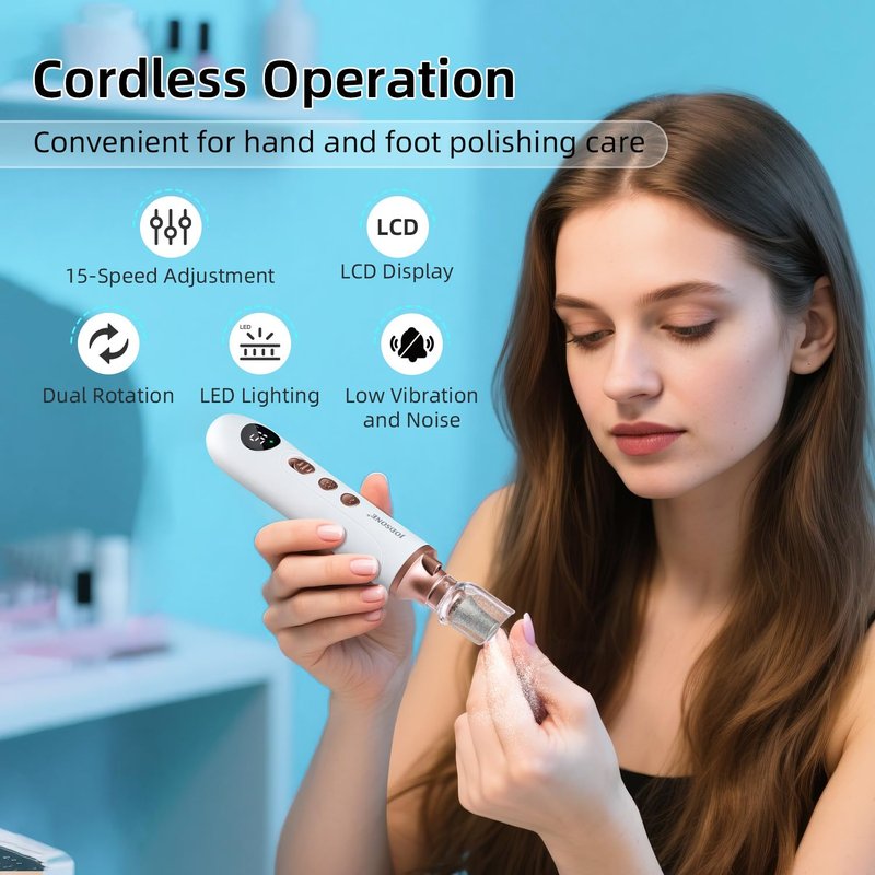 JODSONE Professional Manicure Pedicure Set with 8 Replacement Bits LED 15 Speed Display Multifunctional Rechargeable Cordless Nail Toenail Drill Rose Gold