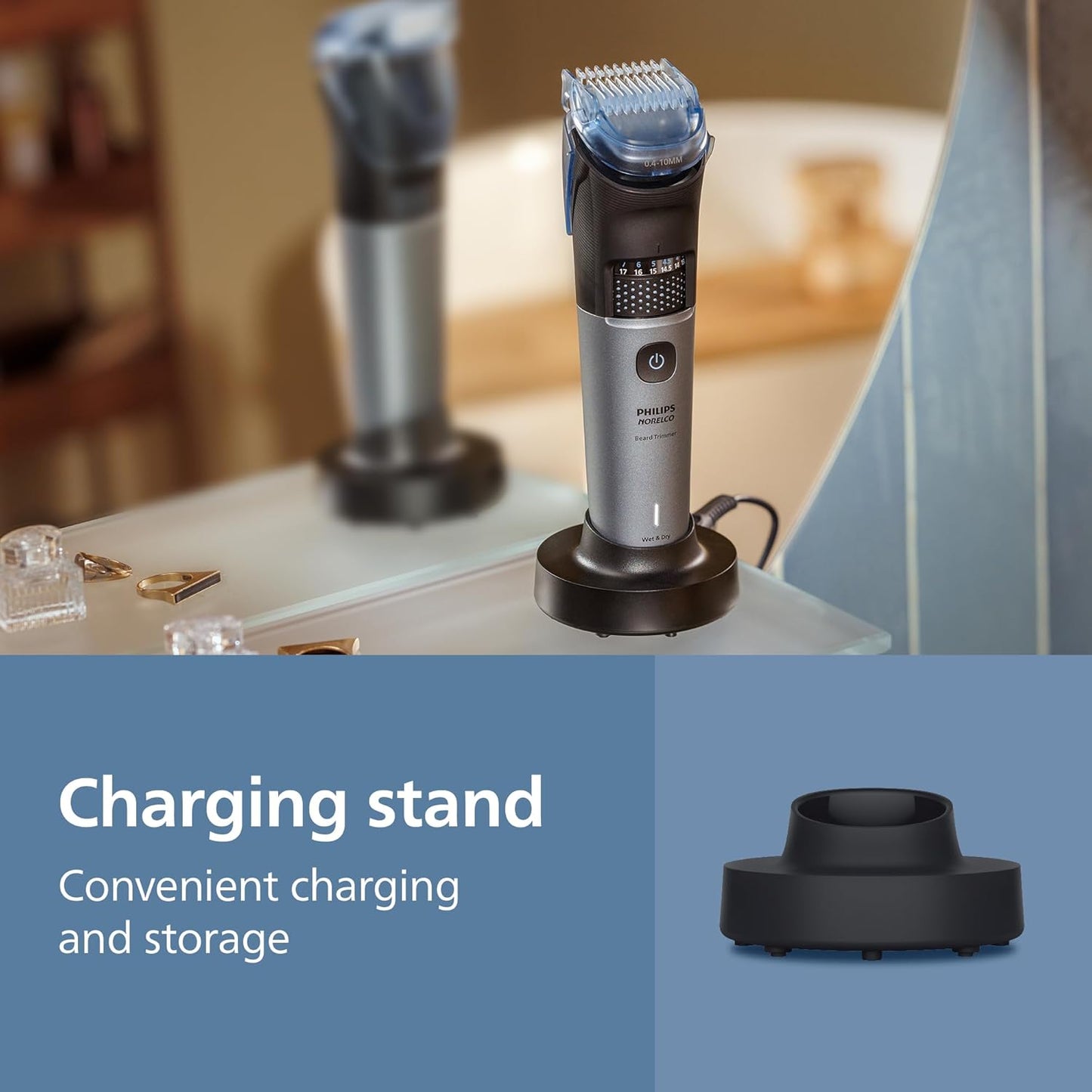 Philips Beard Trimmer 7000 Series - 100% Waterproof, 40 Length Settings | Detail & T-Blade Heads, Charging Stand