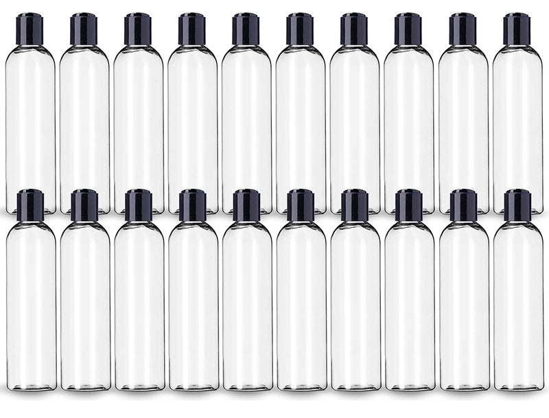 ljdeals 8 oz Clear Plastic Empty Bottles with Black Disc Top Caps, Refillable Containers for Shampoo, Lotions, Cream and More Pack of 20, BPA Free, Made in USA