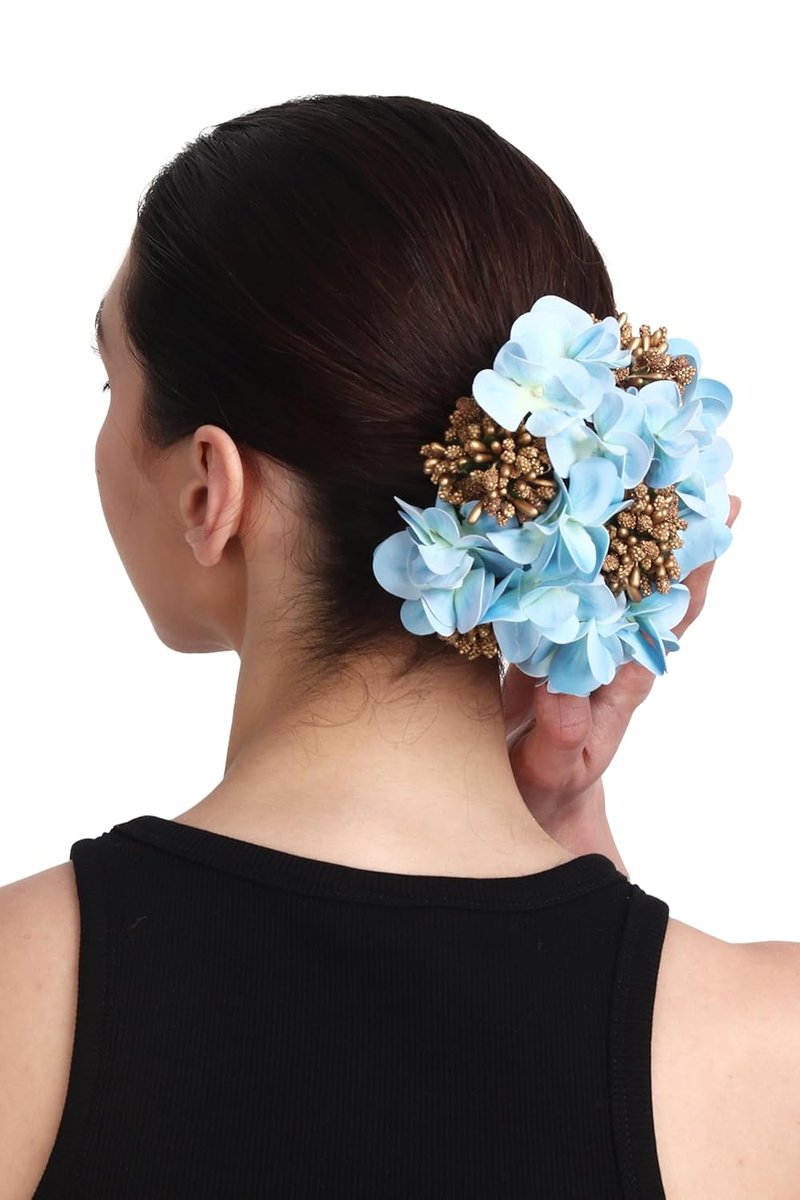 Floral Hair Bun Accessory - Lavender Flowers with Gold Accents | Elegant Blue Design
