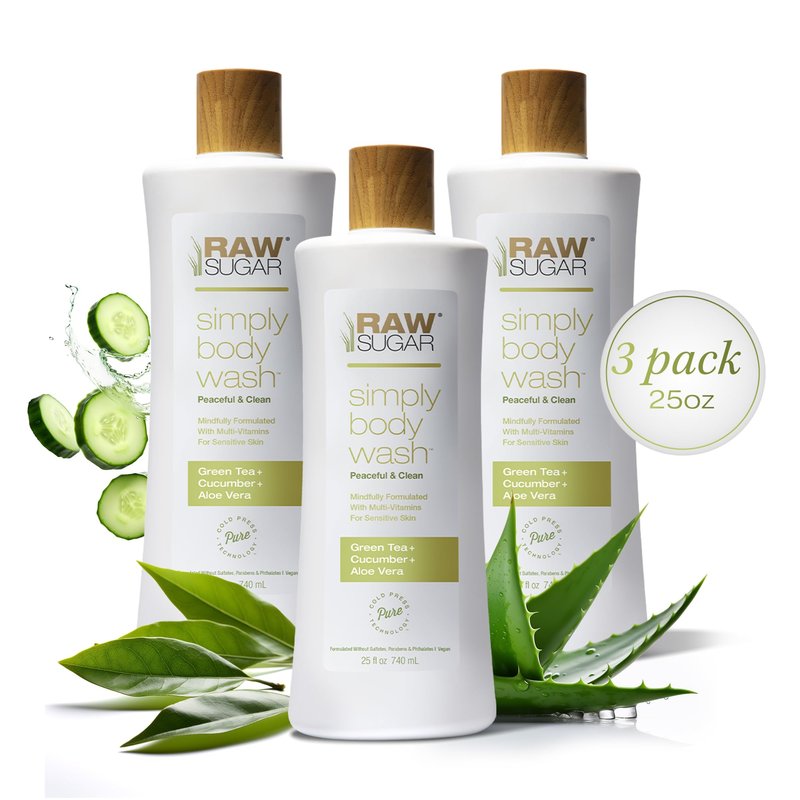 RAW SUGAR Green Tea Aloe Soother Gentle & Hydrating Body Wash, 25 Fl Oz (Pack of 3), Gentle & Soothing Bath & Shower Gel, Sensitive Skin-Friendly, Vegan, Formulated without SLS/SLES & Parabens