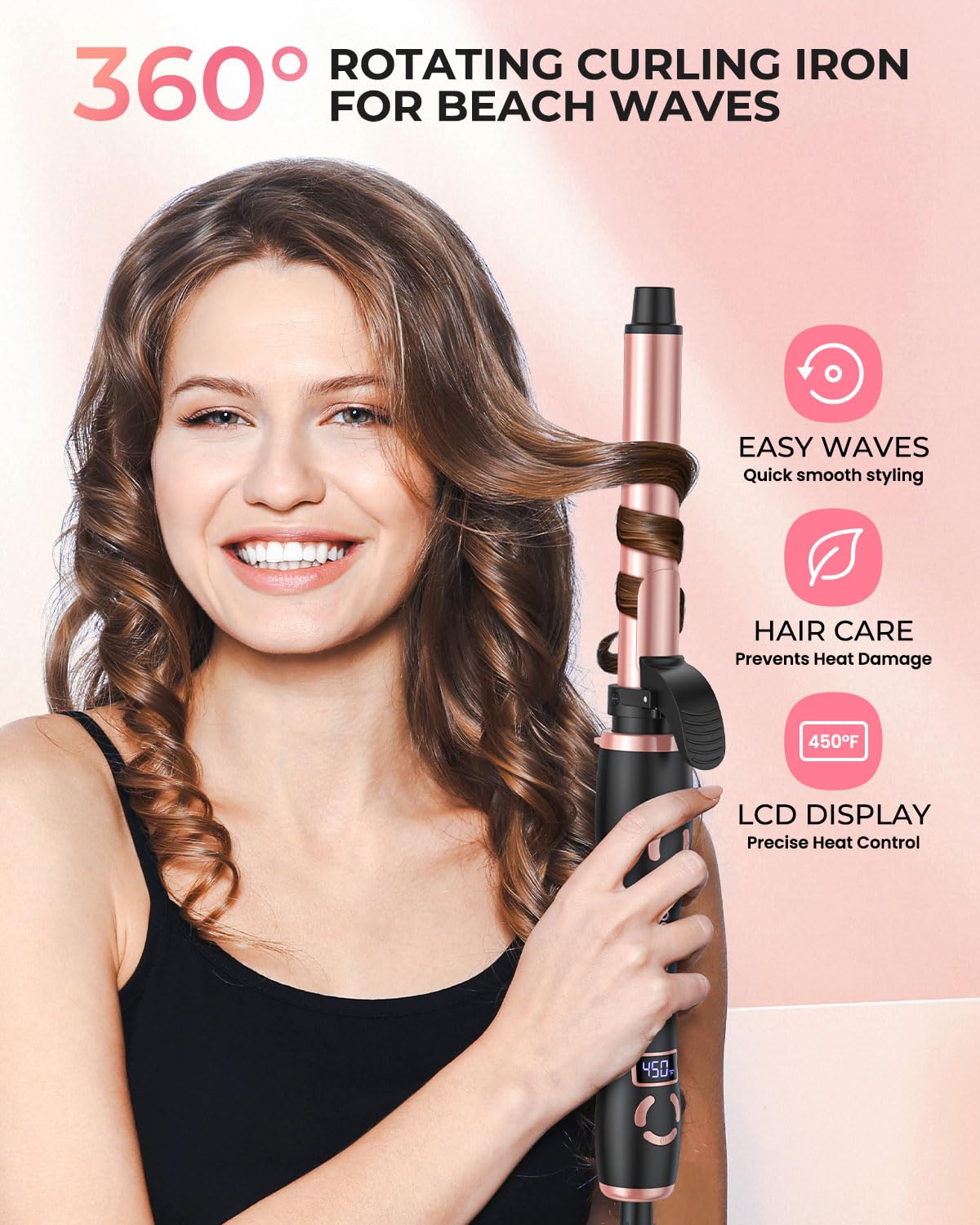 Rotating Curling Iron 1 Inch, Ceramic Automatic Curling Wand for Beach Waves, Self Curling Wand LCD Display up to 450℉ with Long Barrel, Glove Included