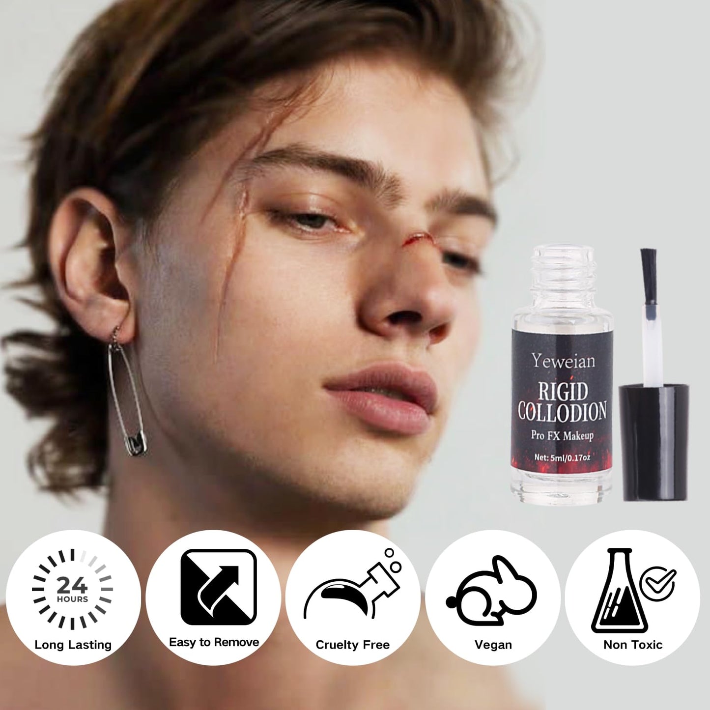 Yeweian Rigid Collodion with Brush and Remover Kit, Professional Scarring Liquid for SFX Makeup,Realistic Liquid Scar Fake Scars Makeup for Halloween Cosplay Costume Film(Scar Liquid 5ml+30ml Remover)