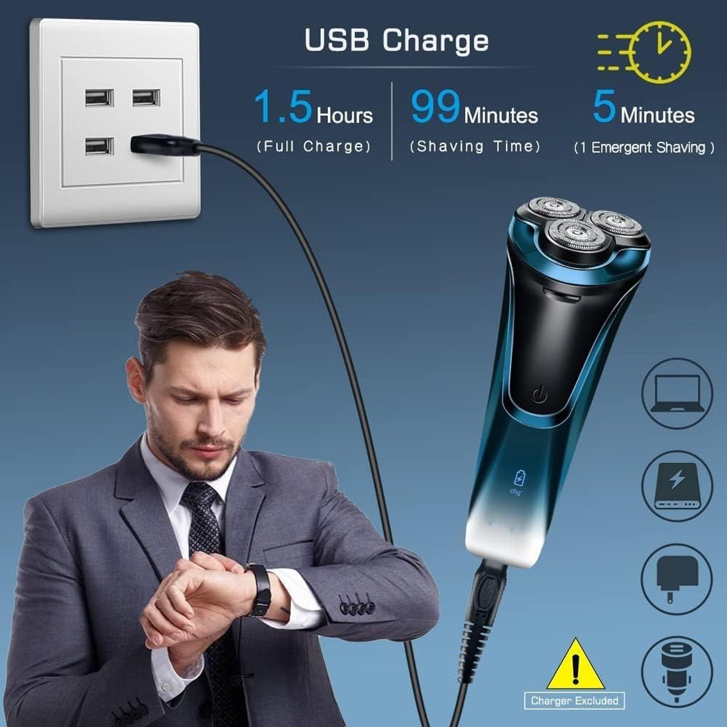 Snapbuy Electric Razor for Men, Snapbuy Electric Razor Pro of Father, Ipx7 Waterproof Cordless Shaver with 90-Min Runtime, 4D Floating Head Rotary Shaver, Fast Charging