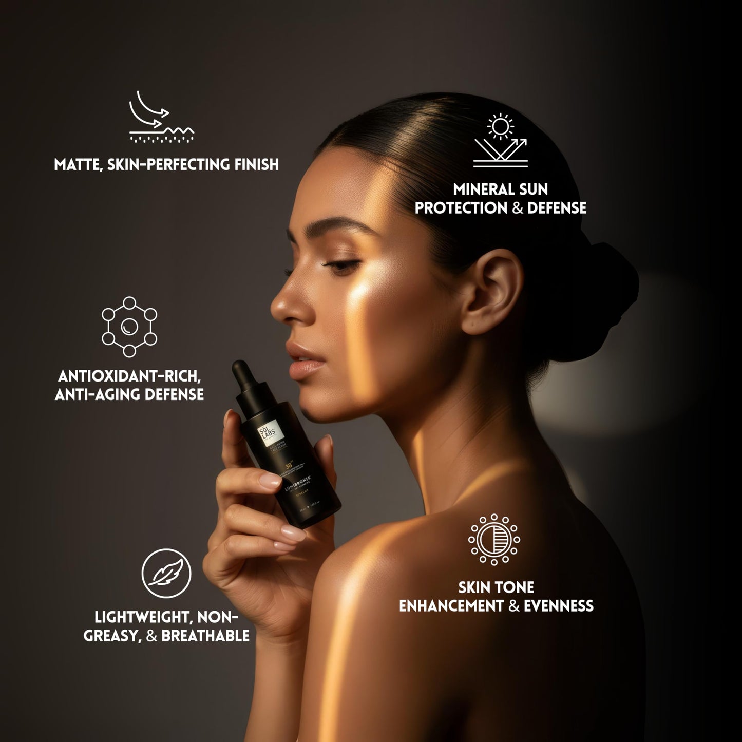 SOL LABS LUMIBRONZE SPF 30 Anti-Aging Bronzing Face Serum - Hydrating Tinted Mineral Sunscreen with Niacinamide, Hyaluronic Acid & Zinc Oxide - Matte, Non-Greasy Finish, Lightweight, Reef-Safe - 50ml