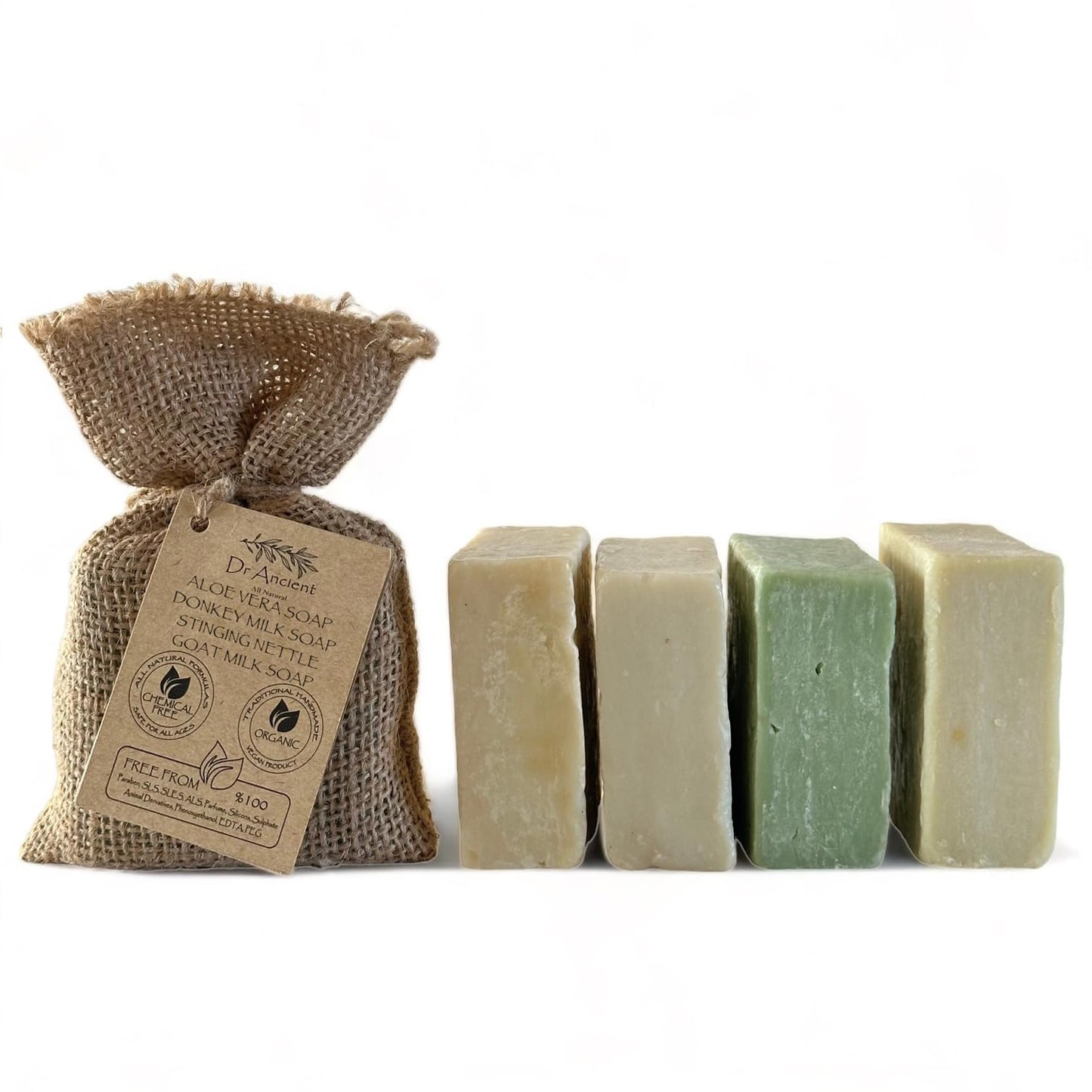 Dr.Ancient Aloe Vera, Stinging Nettle, Goat Milk & Donkey Milk Soap Bar Set (4-Pack) – Organic Handmade Natural Soap Bars, Chemical-Free Gentle Cleanser for Face & Body