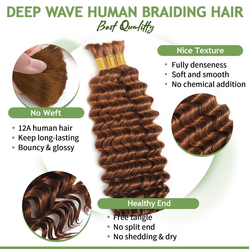 Human Braiding Hair for Boho Braids 120g 12A Deep Water Wave Bulk Human Hair Knotless Boho Braiding Curly 100% Virgin No Weft Extensions Bohemian Braids 3 Bundles/Pack Chocolate Brown 14 Inch