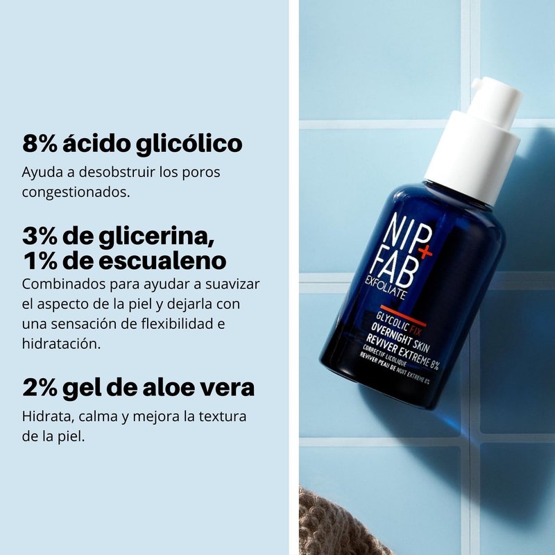 Nip+Fab Glycolic Fix Overnight Skin Reviver Extreme 8% (1.7 fl oz) – High Potency AHA Facial Peel with Salicylic Acid & Hyaluronic Acid – Resurfacing Night Treatment for Radiance & Glow